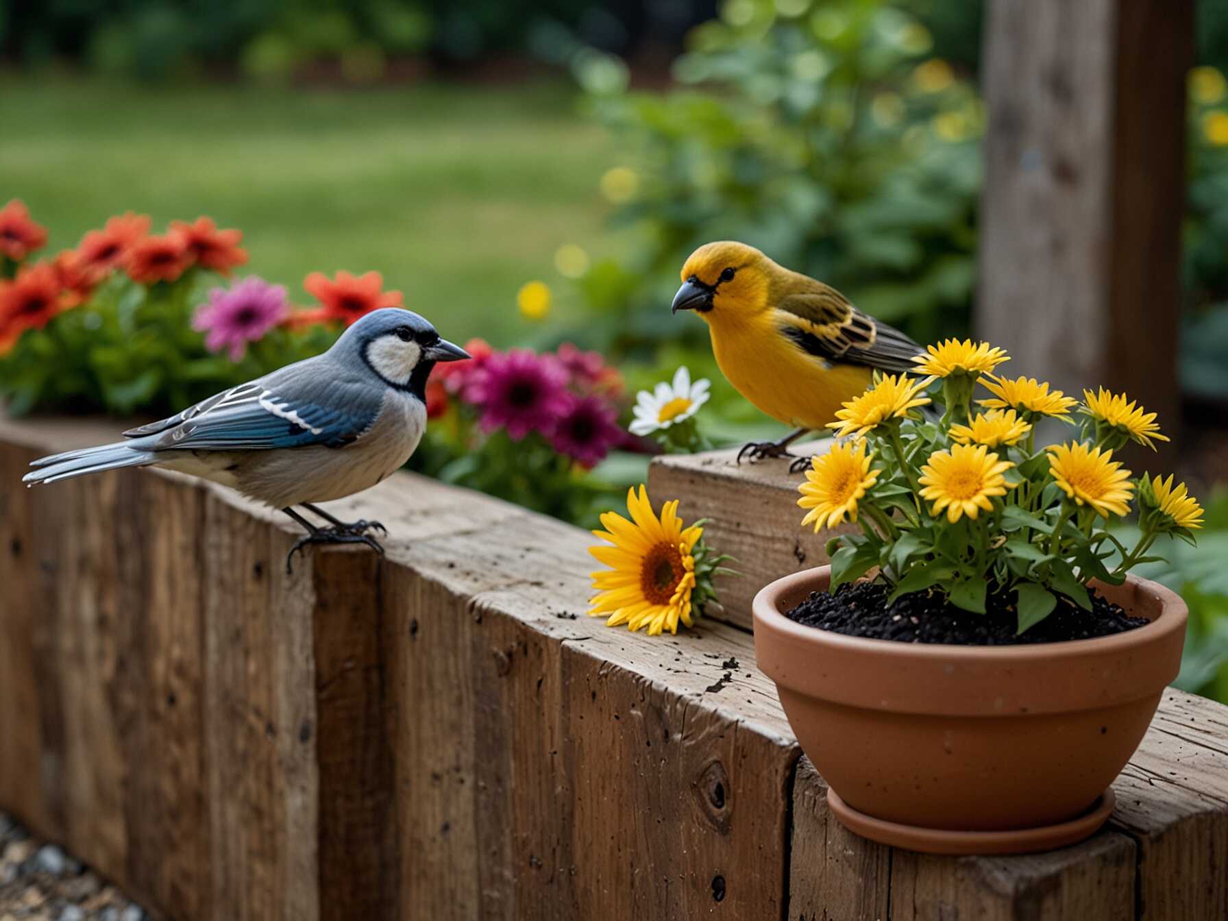 Attract birds with planter walls. Use planters to grow bird-friendly flowers like sunflowers or echinacea.  Hang bird feeders and water dishes among the planters. Birds will love visiting your patio.  A bird-friendly space brings nature closer. Enjoy watching birds while relaxing on your patio.  