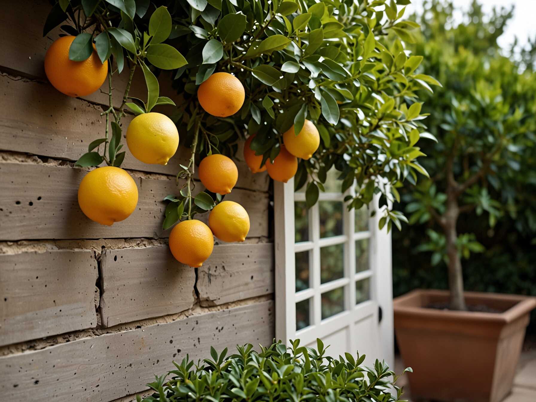 Citrus trees add color and fresh scent. Use wall planters to grow small citrus trees like lemons or limes.  Plant them in large, sturdy planters. Hang these planters on your patio wall.   Enjoy fresh fruits right from your garden. Citrus tree walls look beautiful and smell refreshing.  