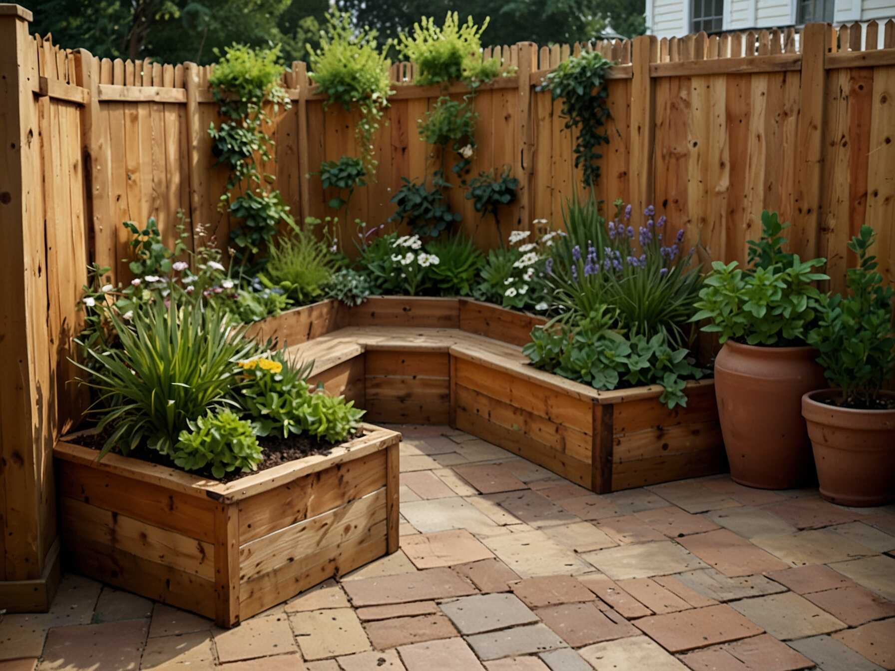 Use the corner of your patio for a mini garden. Hang planters in a triangular or L-shape.  Plant herbs, flowers, or small shrubs. This maximizes the use of corner space.  A corner garden looks charming and organized. It adds life to an often unused area.  