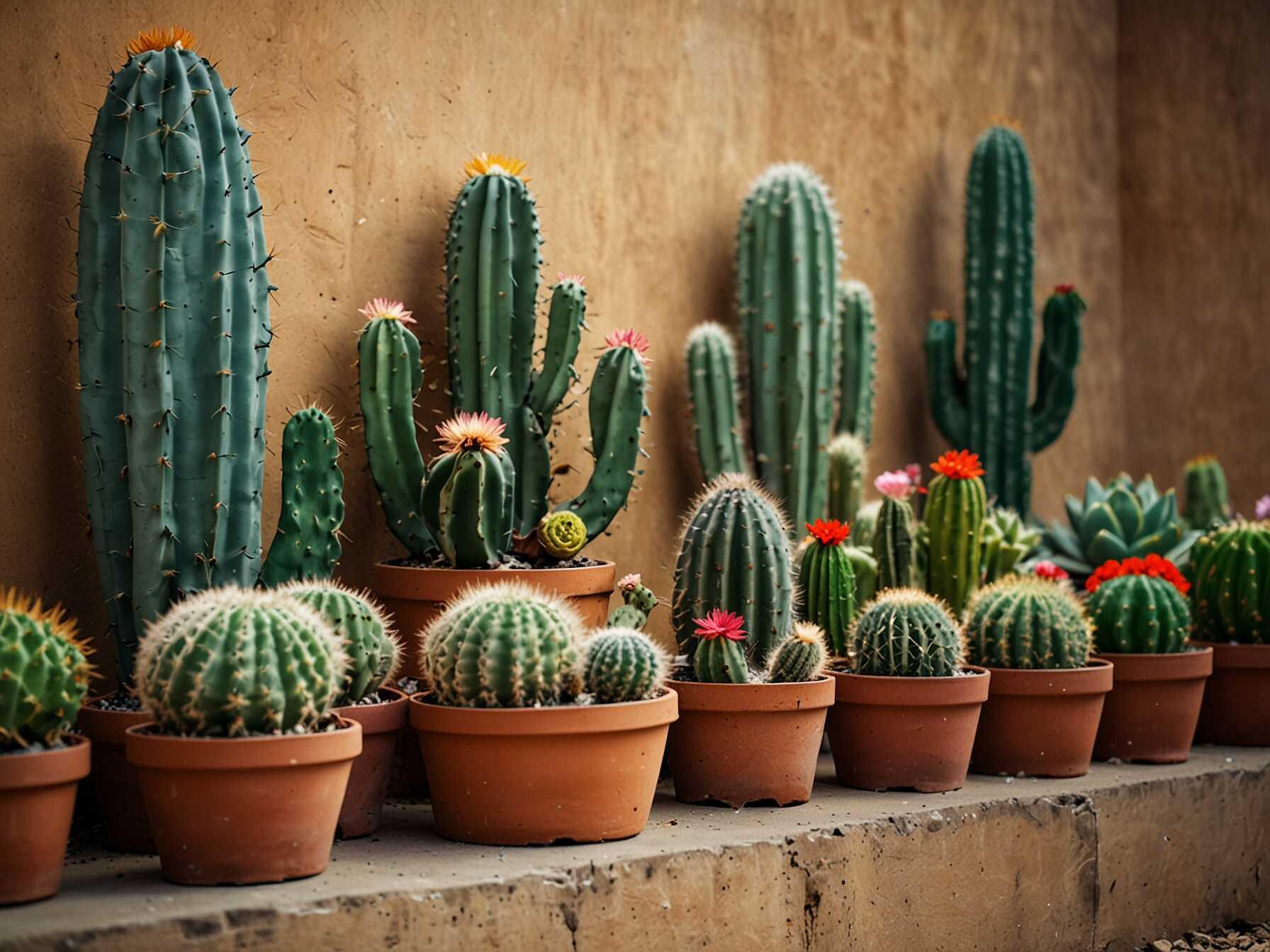 Cacti are low-maintenance and unique. Create a cactus collection on your patio wall. Use small, varied planters.  Arrange cacti of different shapes and sizes. This adds an interesting texture to your wall.  Cacti need little water and care. They thrive in sunlight and look striking year-round.  