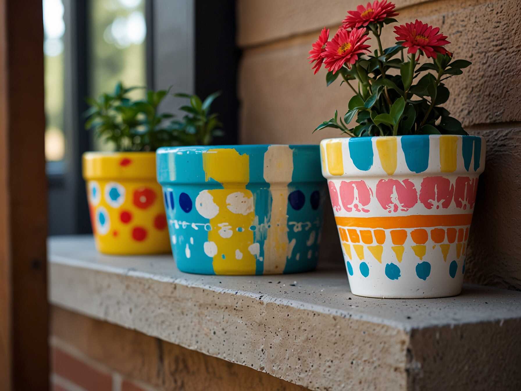 Personalize your patio with DIY painted planters. Buy plain planters and paint them in your favorite colors.   Hang these colorful planters on your patio wall. They add a fun and creative touch to your space.   Paint different designs or patterns. Your patio will look bright and cheerful. This is a great project for kids to join too!  