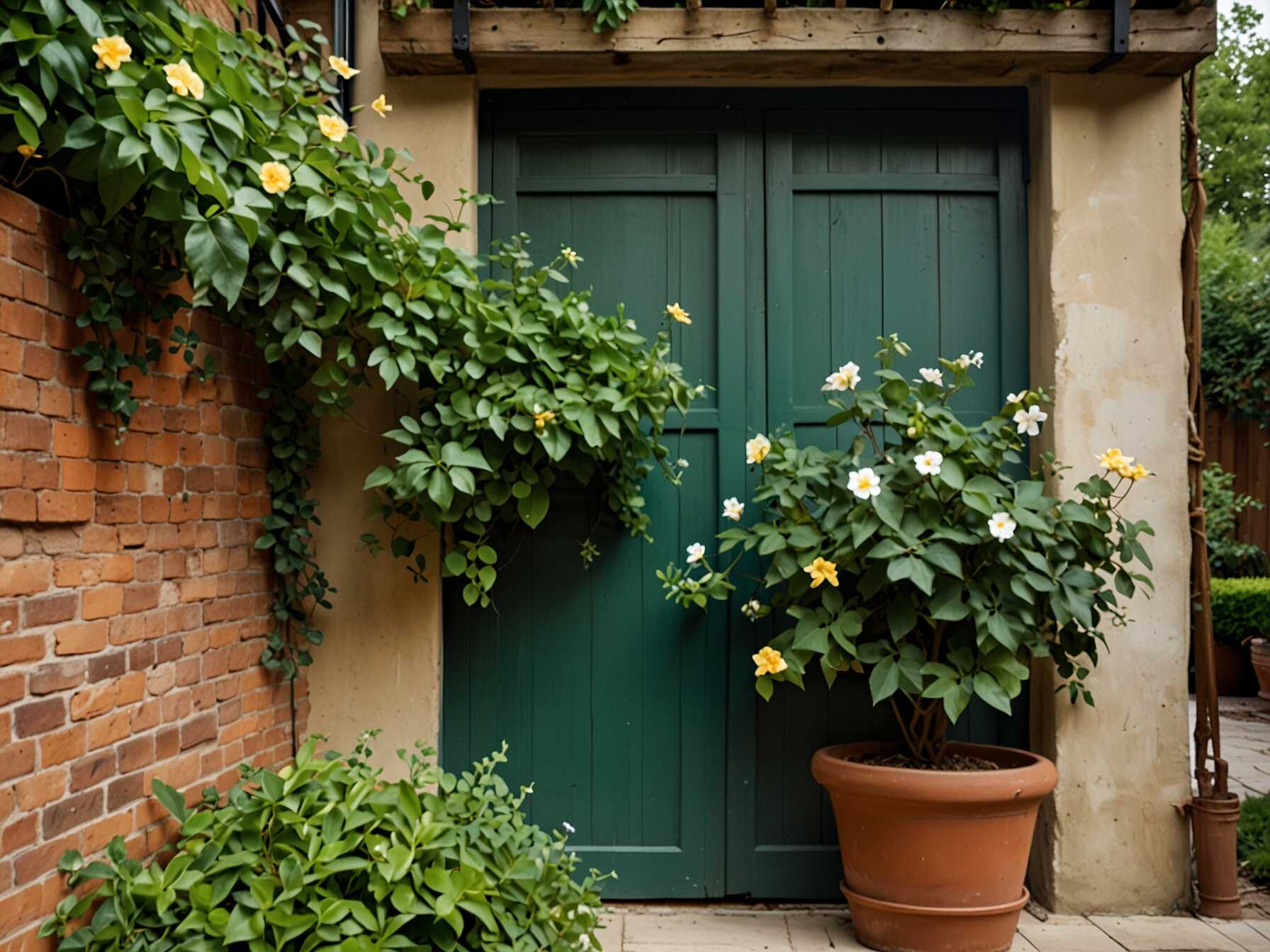 Climbing plants can beautify your patio. Use planters to grow plants like ivy, jasmine, or morning glories.   Hang the planters near a wall or trellis. These plants will climb up and cover the wall.   Climbing plants make a stunning green backdrop. They also add fragrance and attract butterflies.  