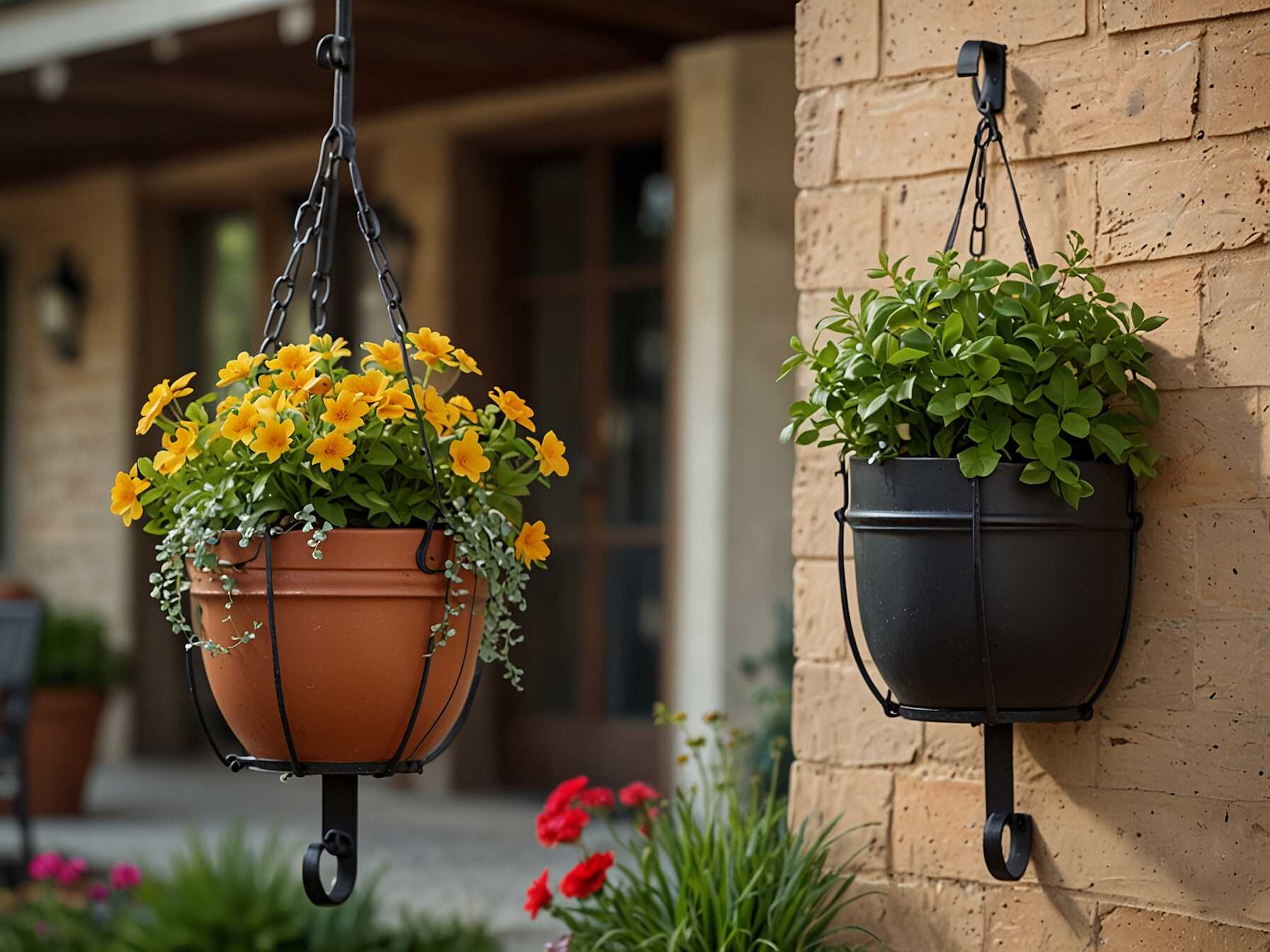 Hooks can add versatility to your patio decor. Use hooks to hang planters at different heights.   Choose a variety of plants for a dynamic look. Mix flowers, herbs, and small shrubs.  Hooks allow you to rearrange planters easily. Change the look of your patio whenever you like.  