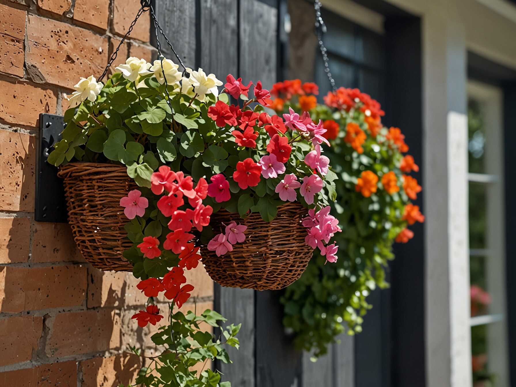 Hanging baskets add a classic touch. Use them to plant trailing flowers like geraniums or fuchsias.  Hang the baskets at various heights on your wall. They create a cascading effect.  Water them regularly to keep them lush. Hanging baskets add depth and beauty to your patio.  