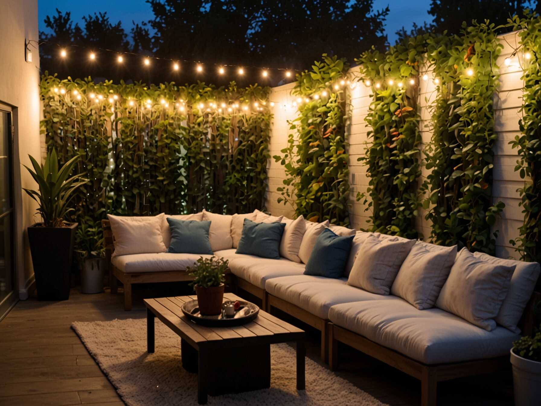 Combine plants with string lights for a magical effect. Hang planters and run string lights around them.  Choose warm or fairy lights for a cozy glow. Light up your patio wall during evenings.  String lights make your patio a perfect spot for gatherings. They create a warm and inviting atmosphere.  