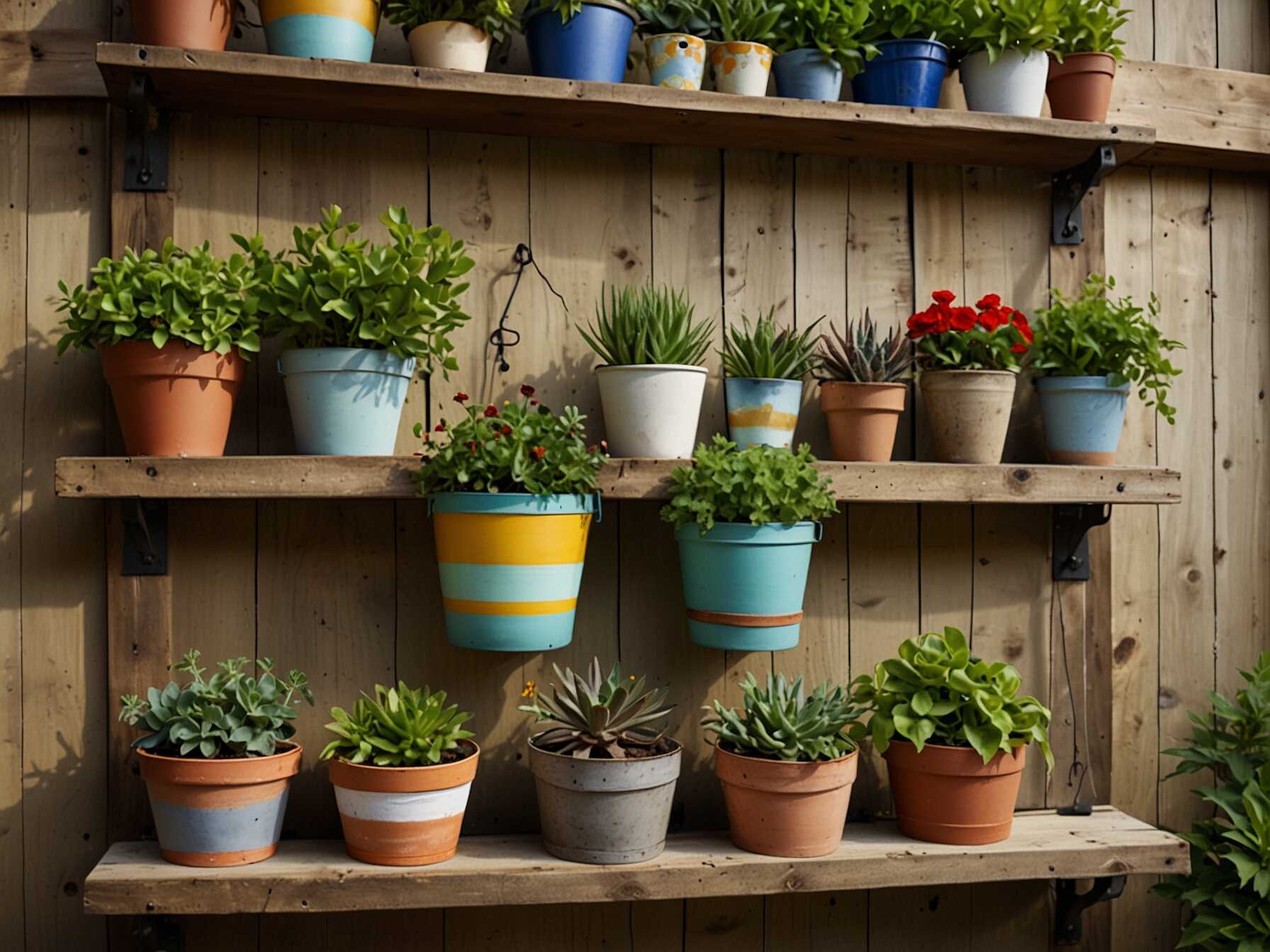 Mix different planter styles for a unique display. Use ceramic pots, metal buckets, and wooden boxes.  Hang them randomly or in a pattern on your wall. Fill them with plants that complement each other.  Mixing styles adds character. It creates a vibrant and eclectic look on your patio.  