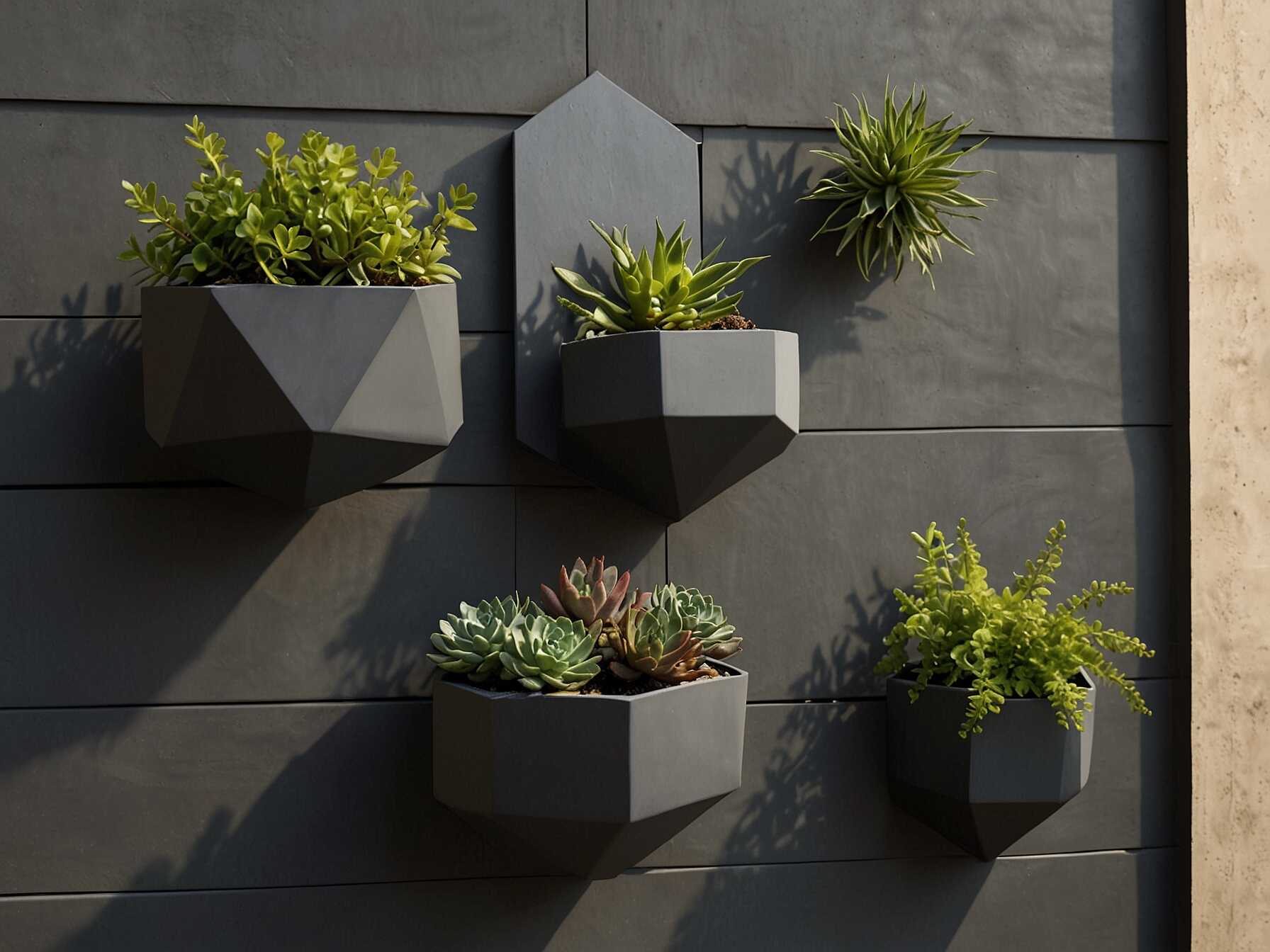 Geometric planters can give your patio a modern look. Choose planters with shapes like hexagons, cubes, or triangles.   Arrange them in a symmetric pattern on your wall. This creates a sleek and stylish display.   Fill them with small plants like succulents or herbs. The geometric design adds a trendy touch to your decor.  