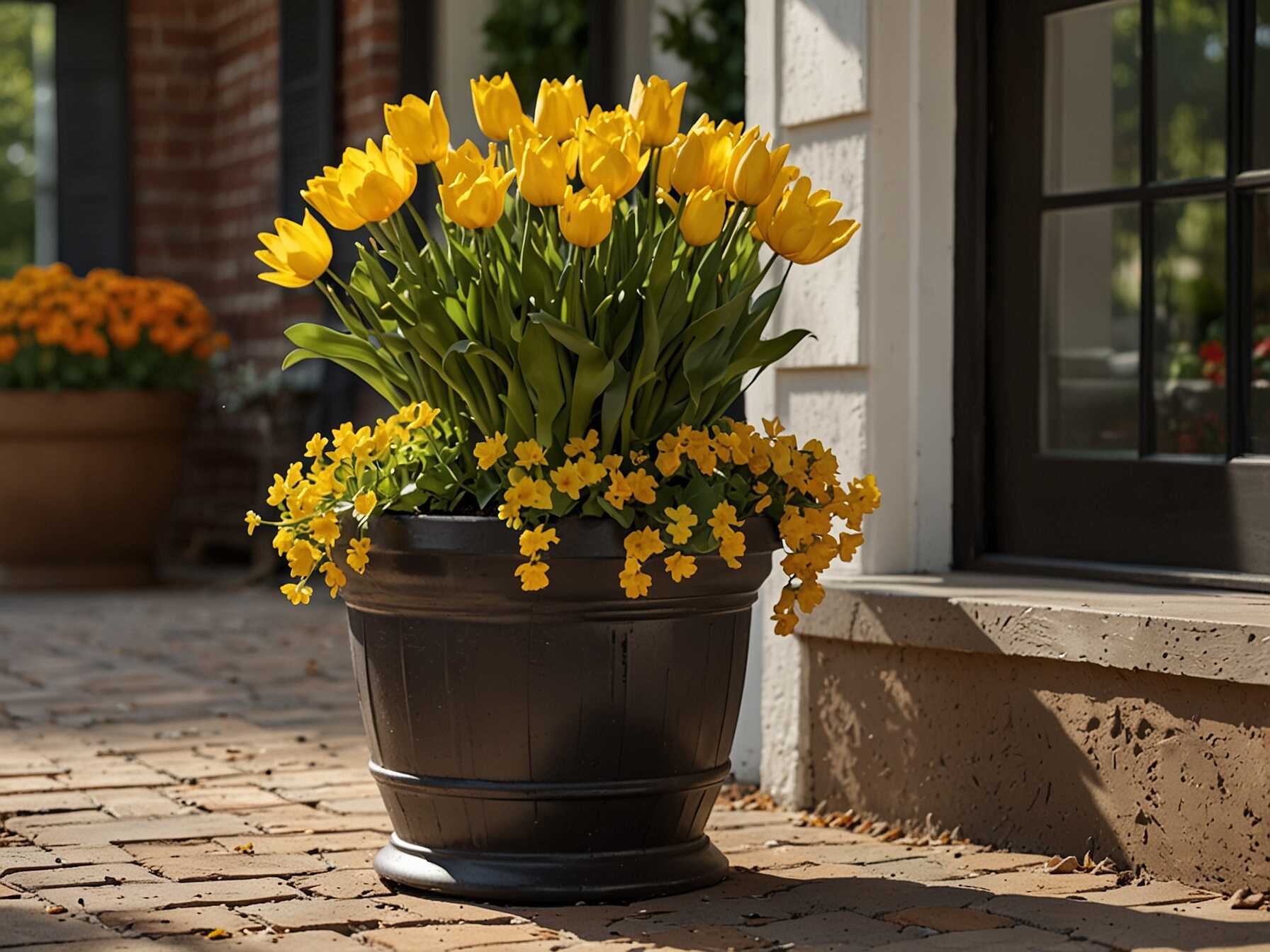 Change your planters with the seasons. Plant tulips in spring, sunflowers in summer, and mums in fall.  Rotate planters for each season. This keeps your patio looking fresh and interesting.  Seasonal displays match the time of year. They add a festive and timely touch to your decor.  