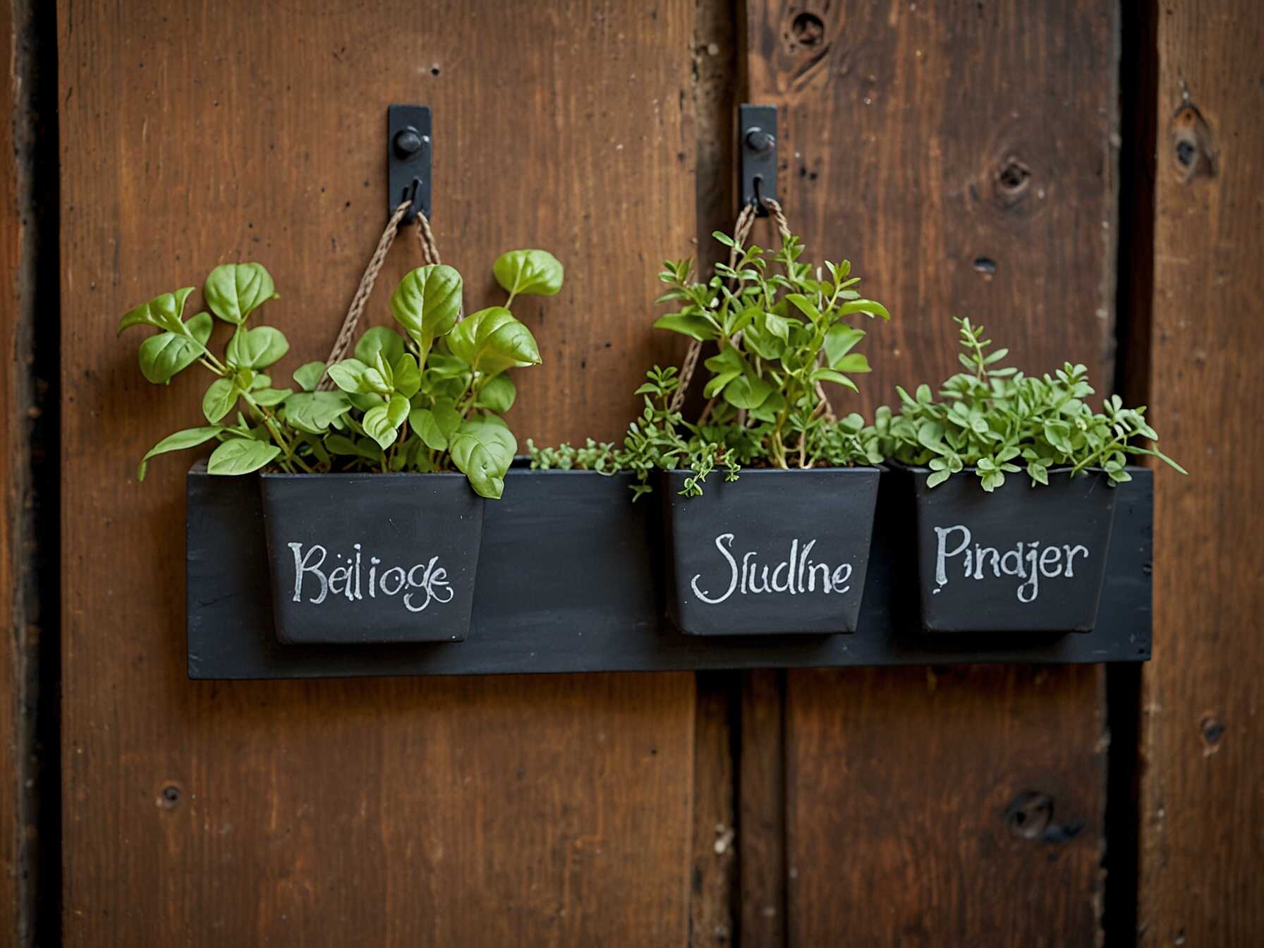 Paint your planters with chalkboard paint. Write names of herbs or fun messages on them.  Hang these chalkboard planters on your wall. They serve both as labels and decorations.  Change the writings whenever you like. This adds a personal and playful touch to your patio.  