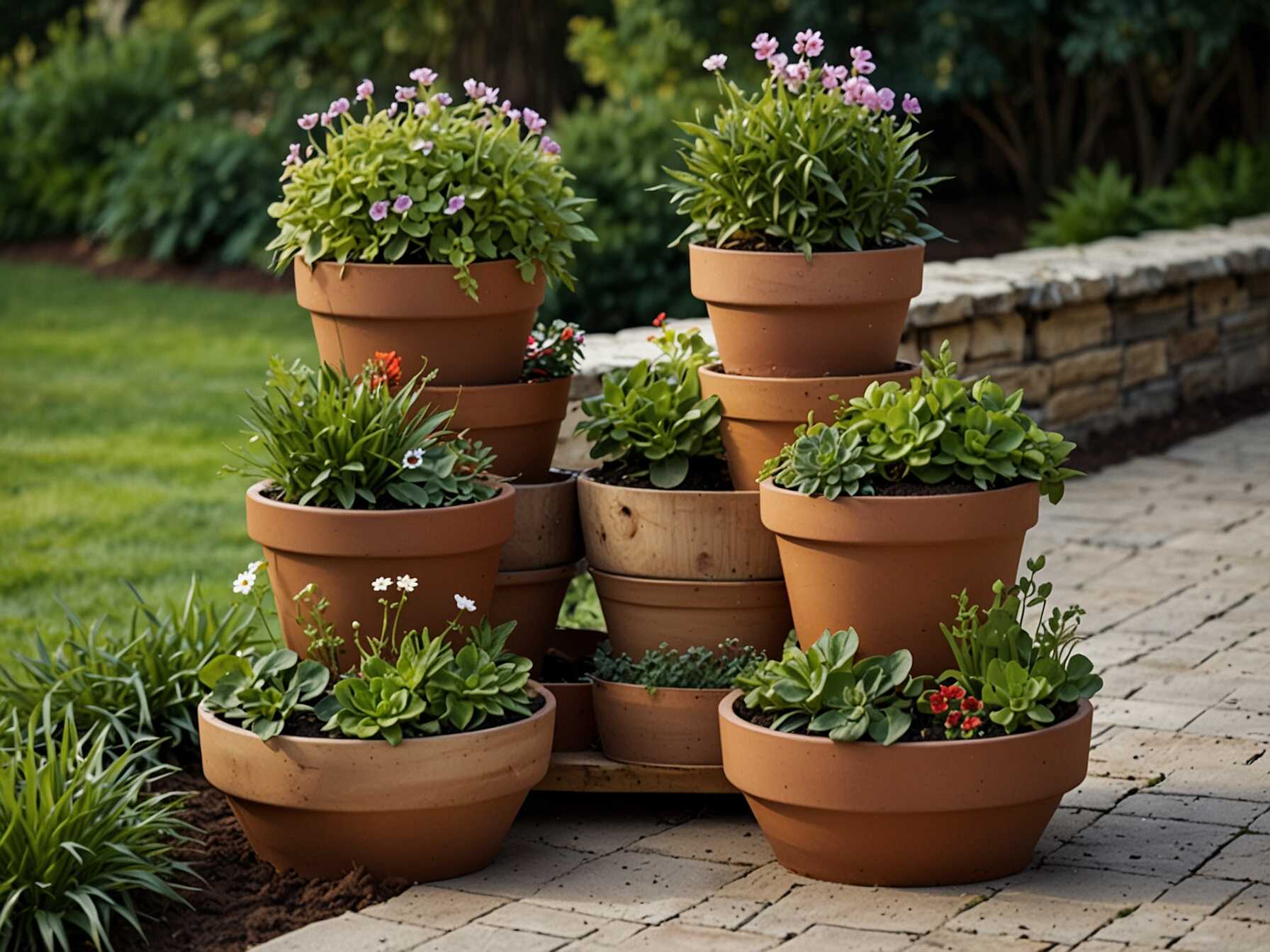 Tiered planters maximize vertical space. Hang stackable or multi-level planters.  Plant herbs on the top tier and flowers on the bottom. This creates a beautiful layered effect.  Tiered planters are practical and decorative. They allow you to grow more plants in a small area.  