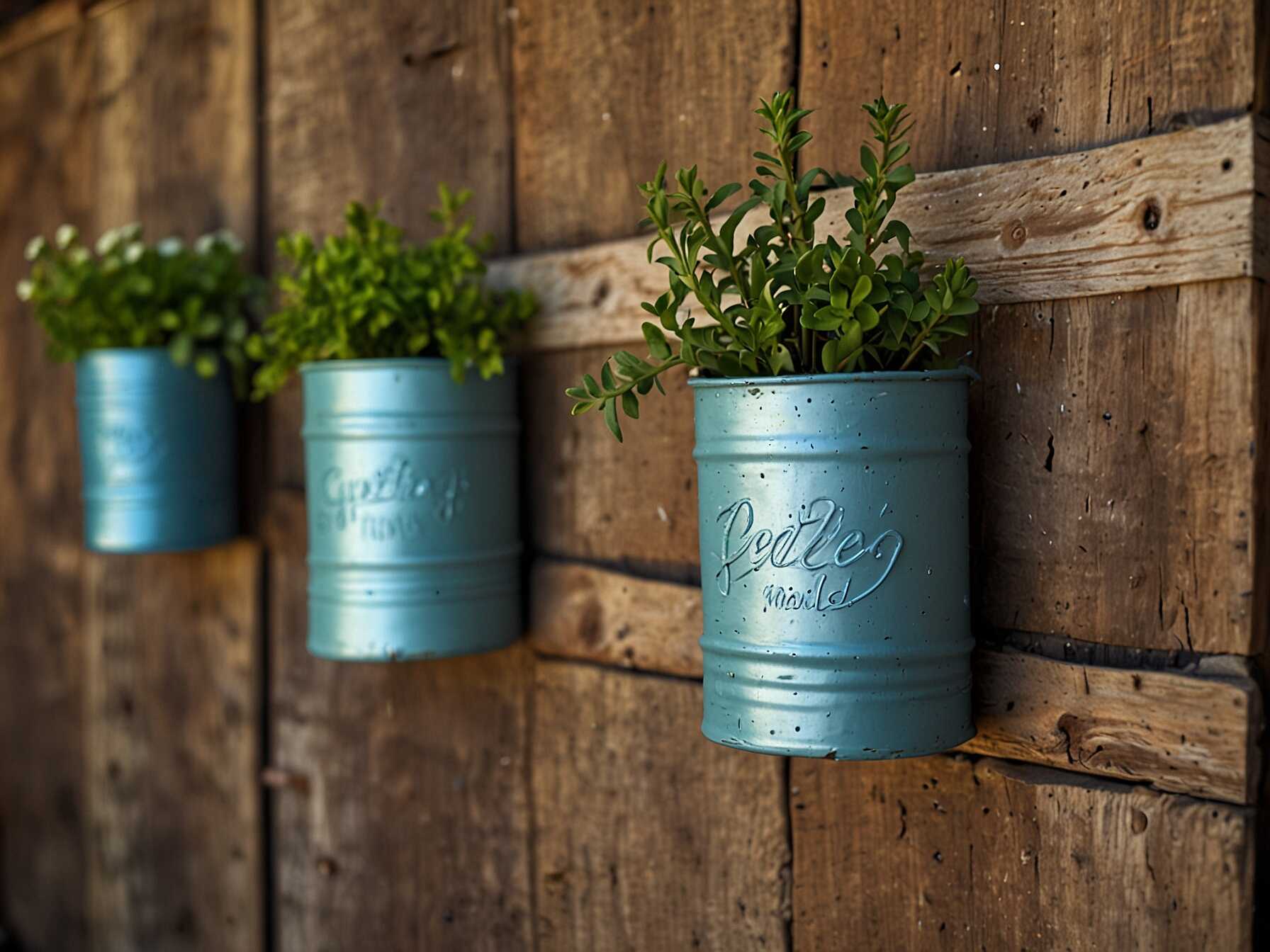 Be eco-friendly with upcycled planters. Use old cans, jars, or buckets for planting.   Paint or decorate these containers. Then hang them on your patio wall.  Upcycled containers look unique and save money. They add a rustic charm to your space.  