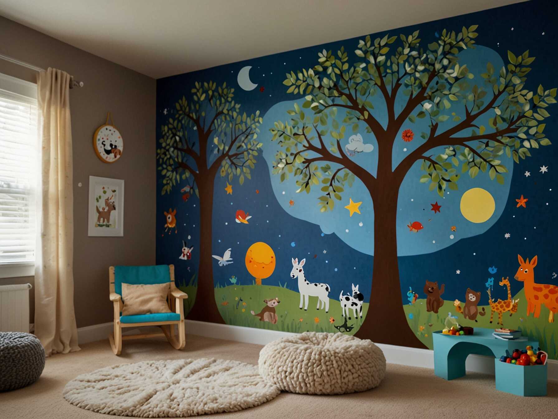 Transform plain walls with vibrant murals. Paint trees, animals, or outer space scenes to stimulate imagination. Wall decals and stickers can also make the playroom lively.  