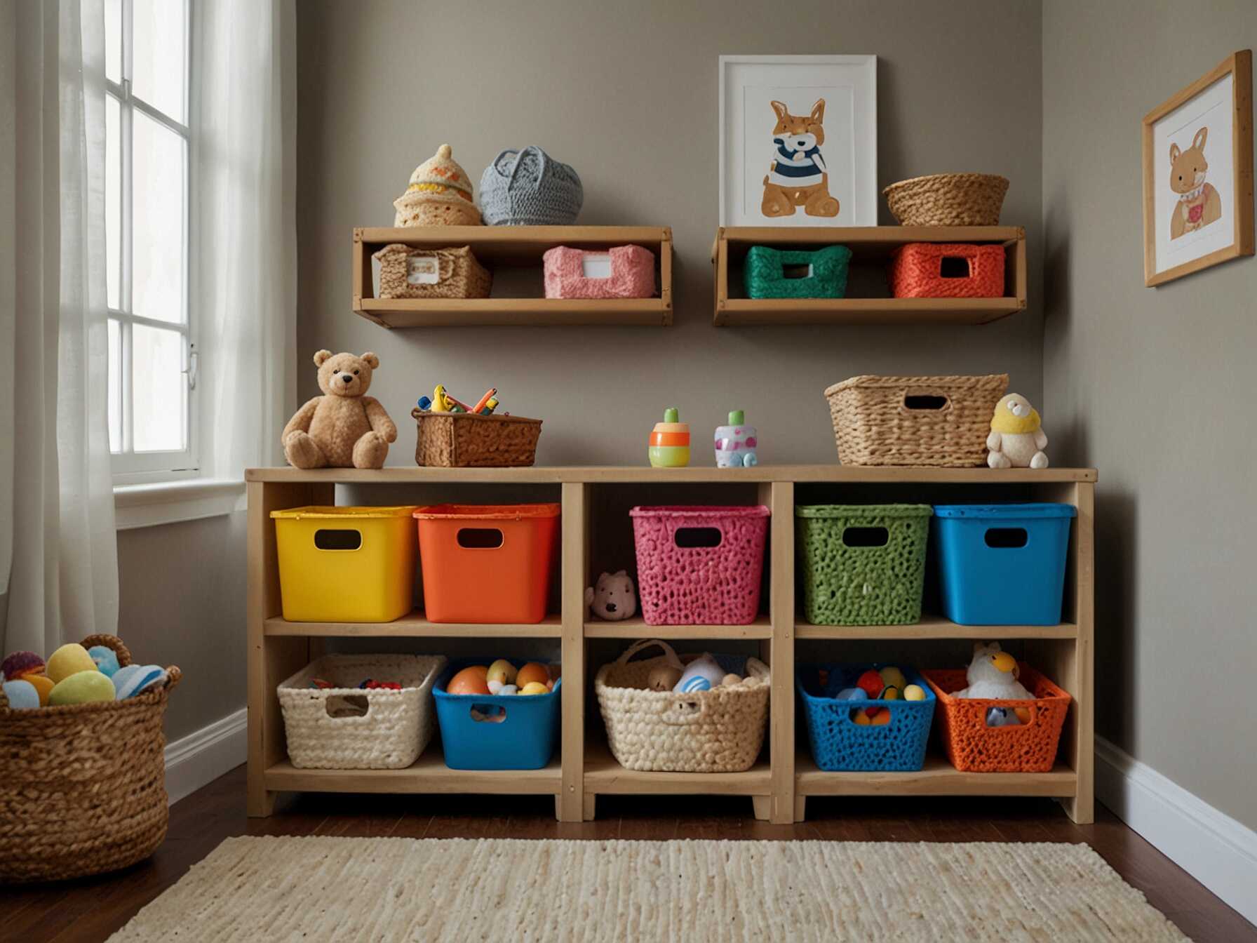 Use colorful bins, baskets, and shelves to organize toys. Label each container to teach kids where things belong and keep the playroom tidy.  