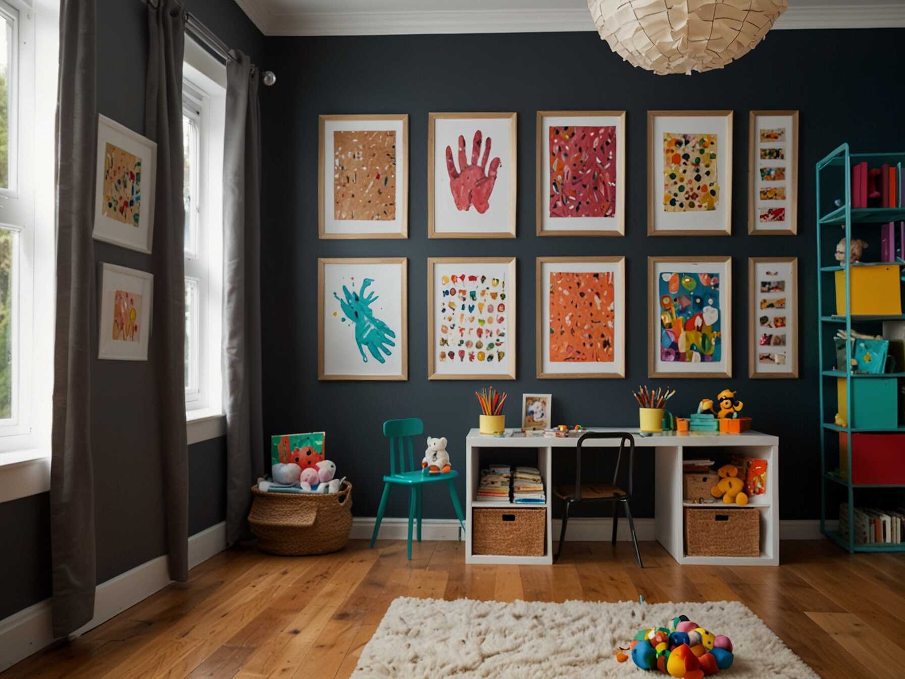 Hang wires or corkboards where your child can display their artwork. It builds confidence and makes the playroom their own gallery.  