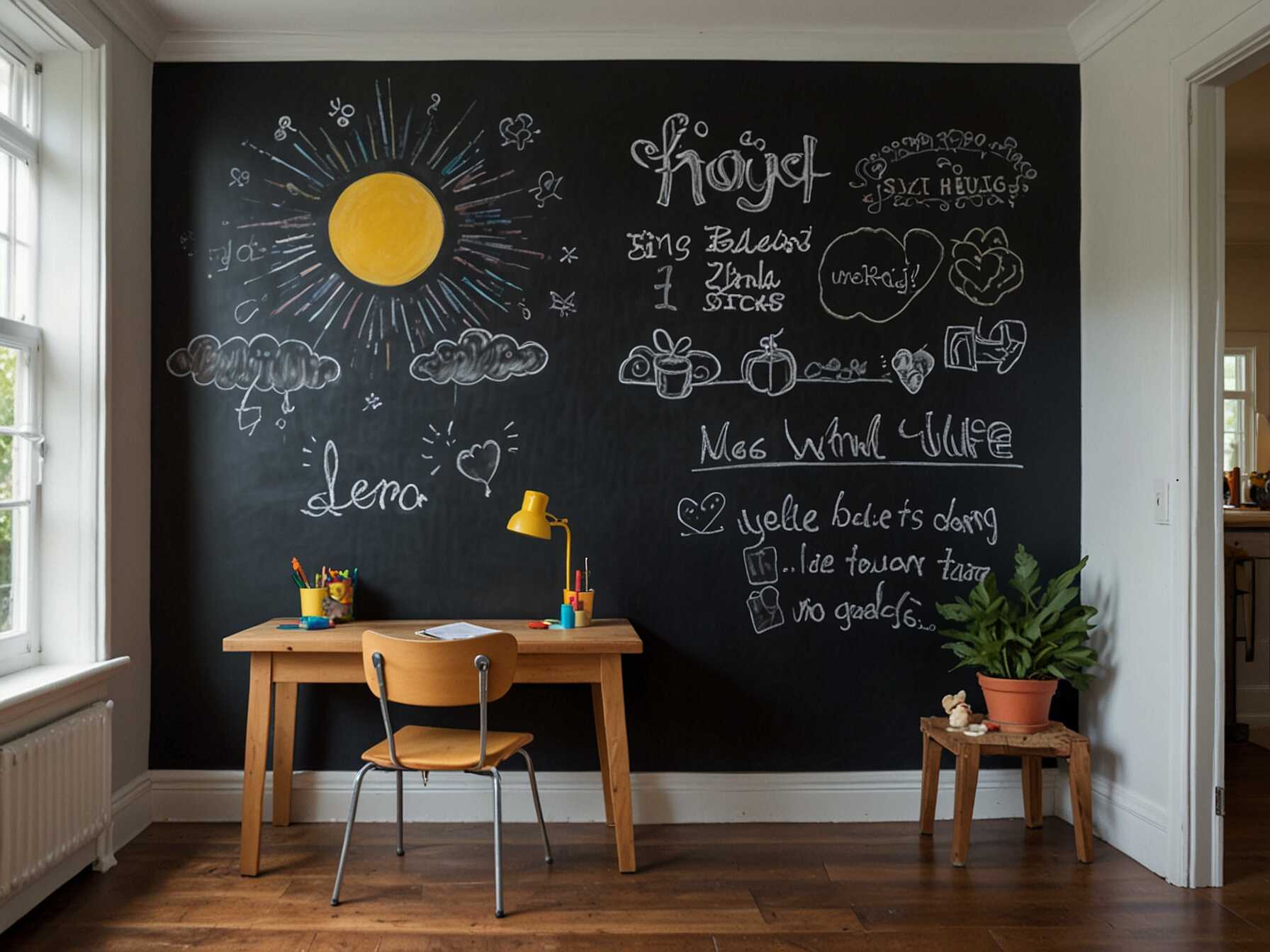 Install a chalkboard wall where your child can freely draw and write. It allows for endless creativity and can be easily wiped clean.  