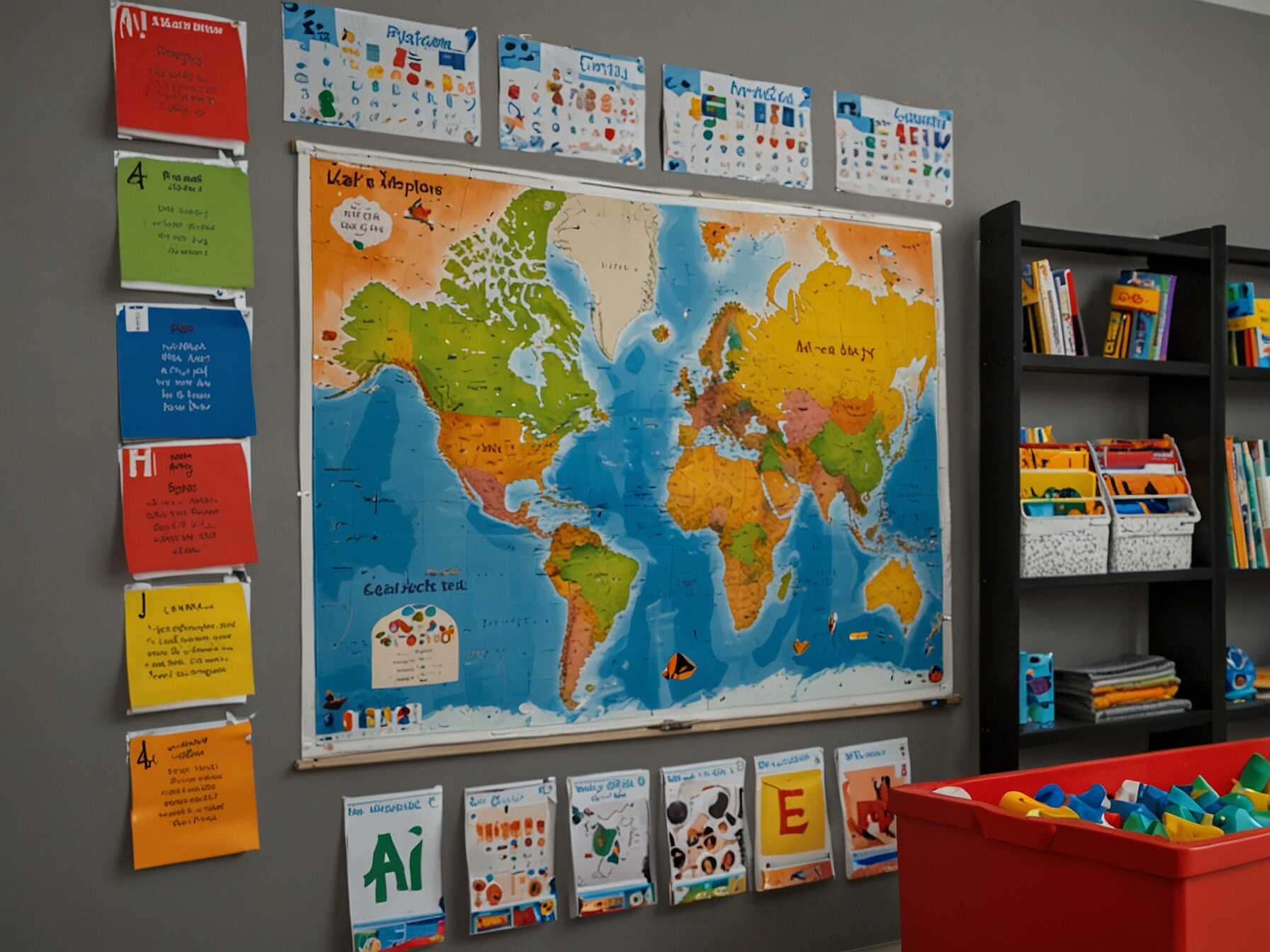 Display colorful educational posters, maps, and alphabet charts on a dedicated learning wall. It’s a fun way for kids to learn while they play.  