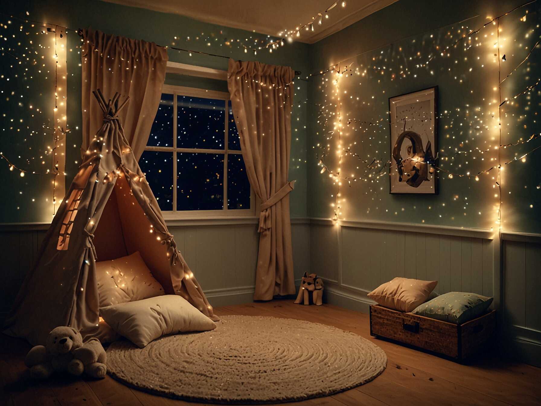 Hang fairy lights or string lights around the playroom. They add a magical touch and can be used to create a starry night theme.  