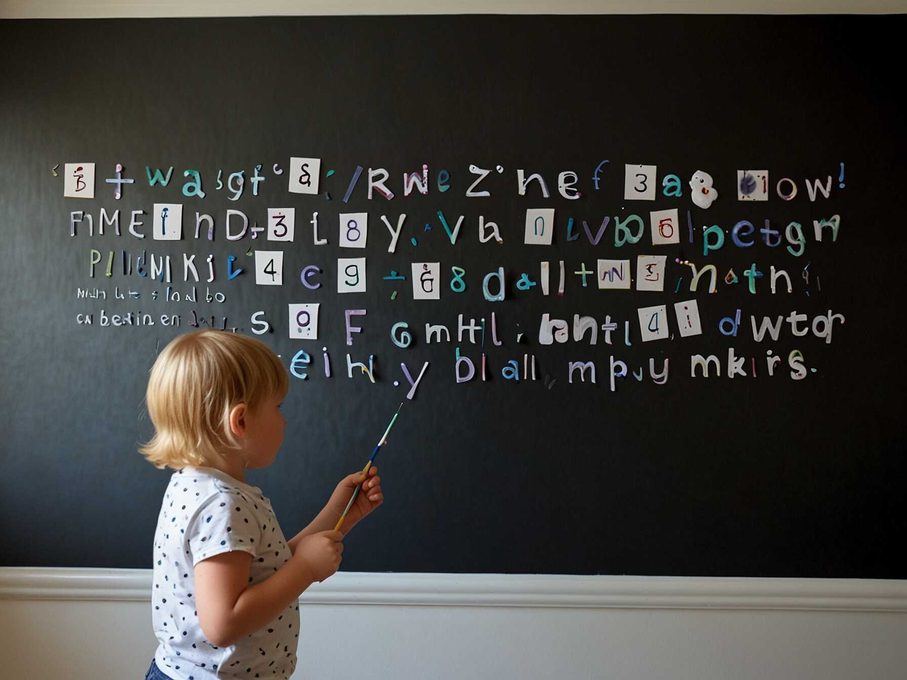 Paint a wall with magnetic paint. Use it for magnetic letters and numbers, or to display your childs artwork.  