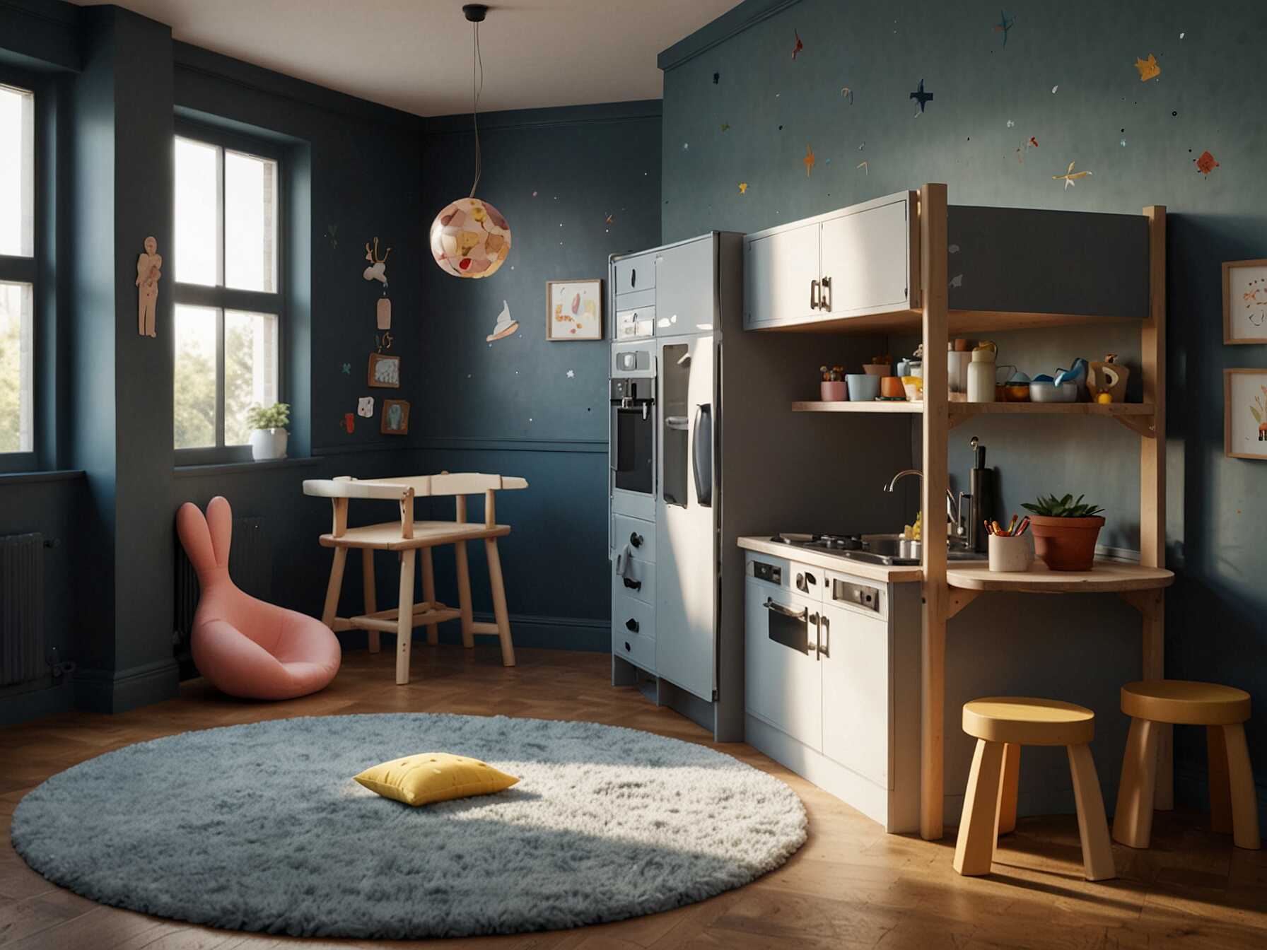 Design different sections of the playroom with specific themes like a mini kitchen, a space station, or a castle. Each section can become a new world for your child to explore.  