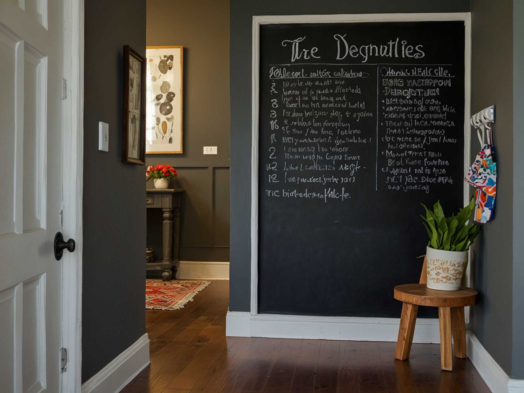 A chalkboard wall is fun and functional. Use it to write messages, create art, or keep track of your schedule. Its a great way to add a personal touch to your hallway.  