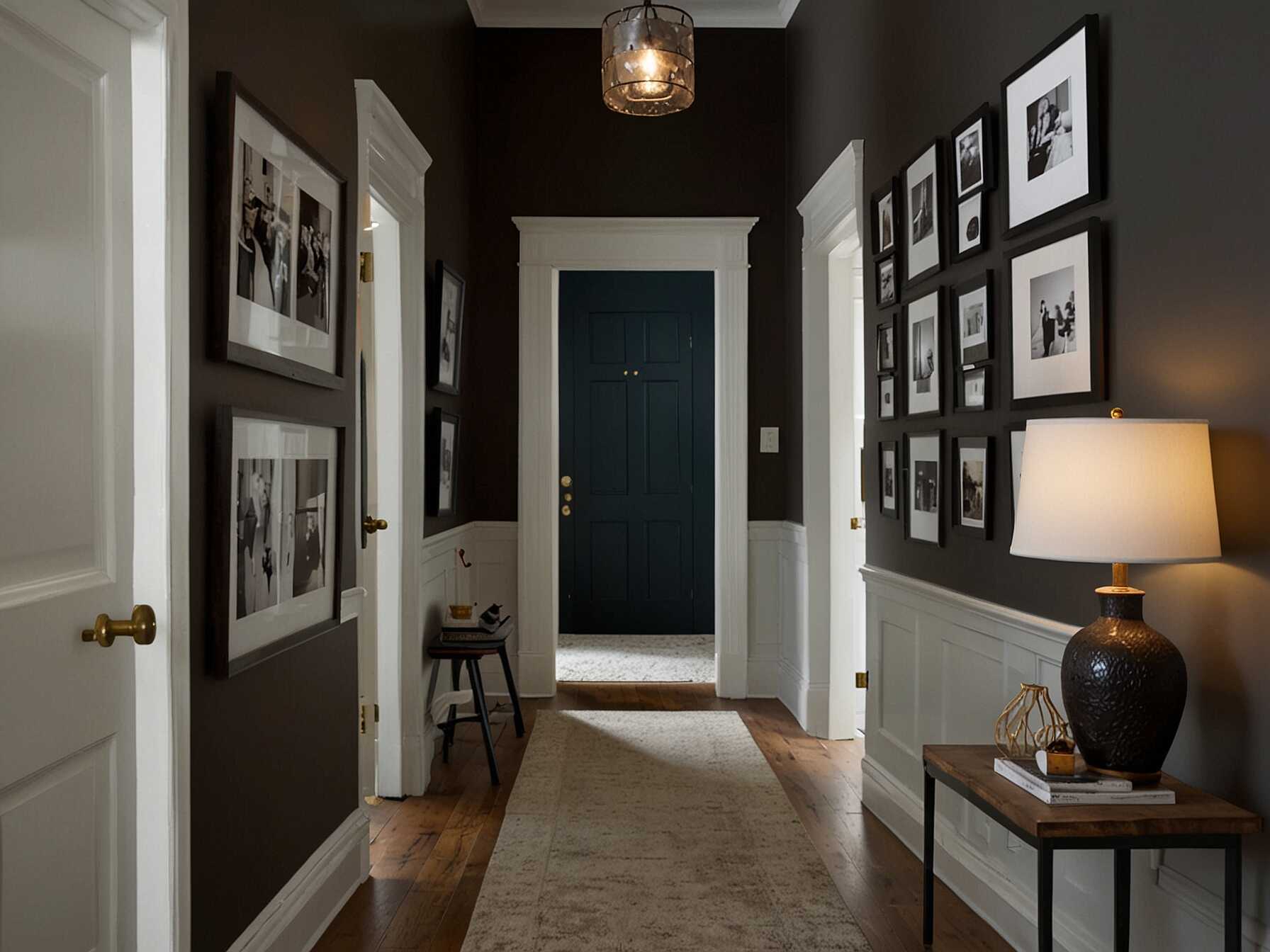 Turn your hallway into a mini-gallery by showcasing artwork or family photos. Arrange frames of different sizes and shapes for a unique look. Its a great way to personalize and add charm to your hallway.  