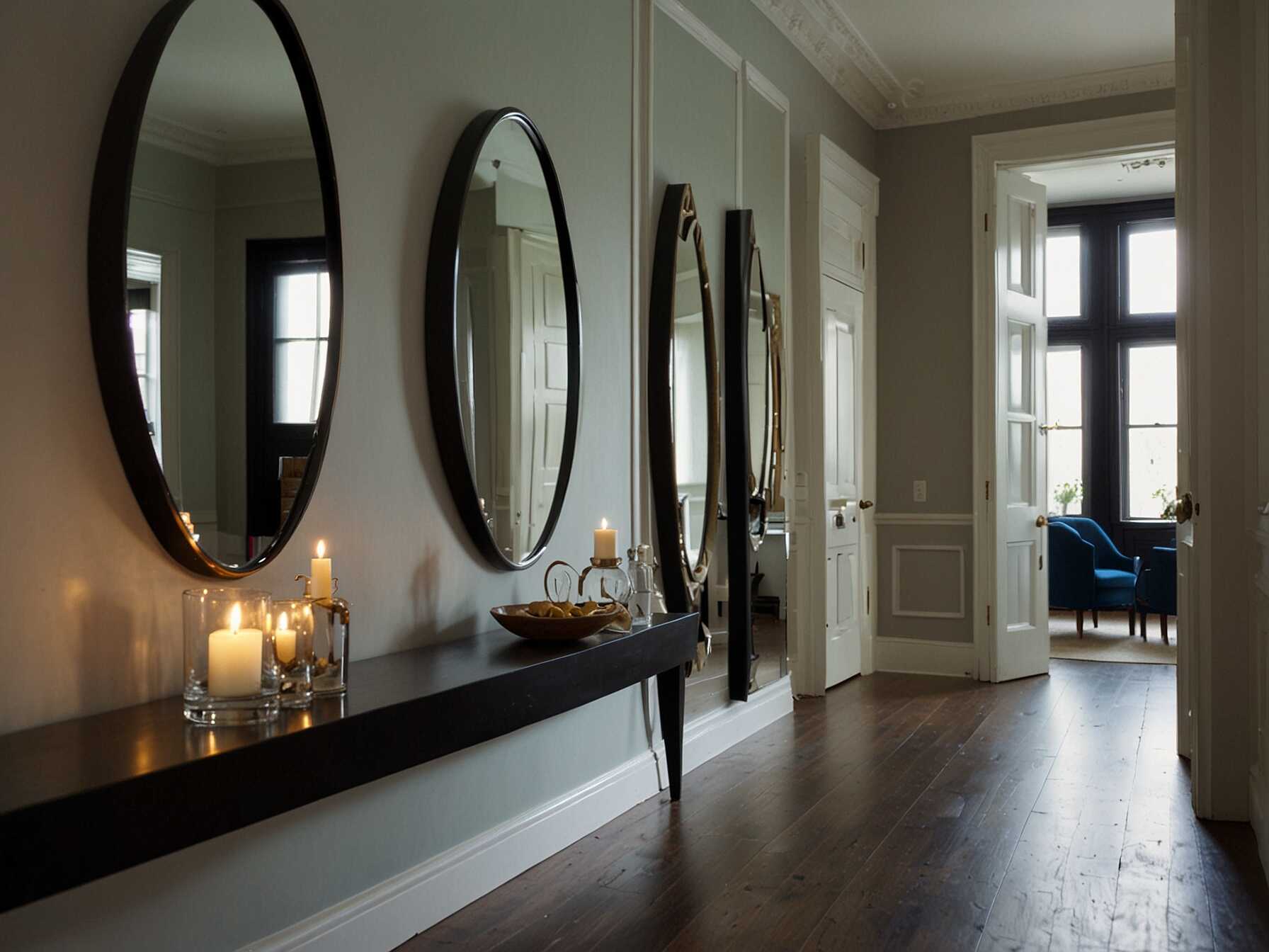 Mirrors can make a narrow hallway appear wider and more open. Install a large mirror or a series of smaller ones along one wall. Mirrors also reflect light, brightening up the space.  