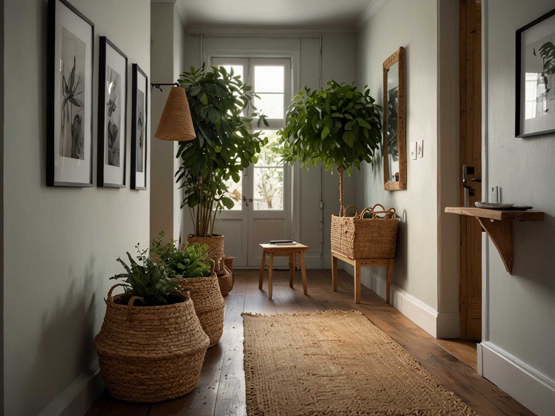 Bring nature into your hallway with plants and natural materials. Use wooden furniture, rattan baskets, and greenery to create a fresh, calming environment. This adds life and texture to the space.  