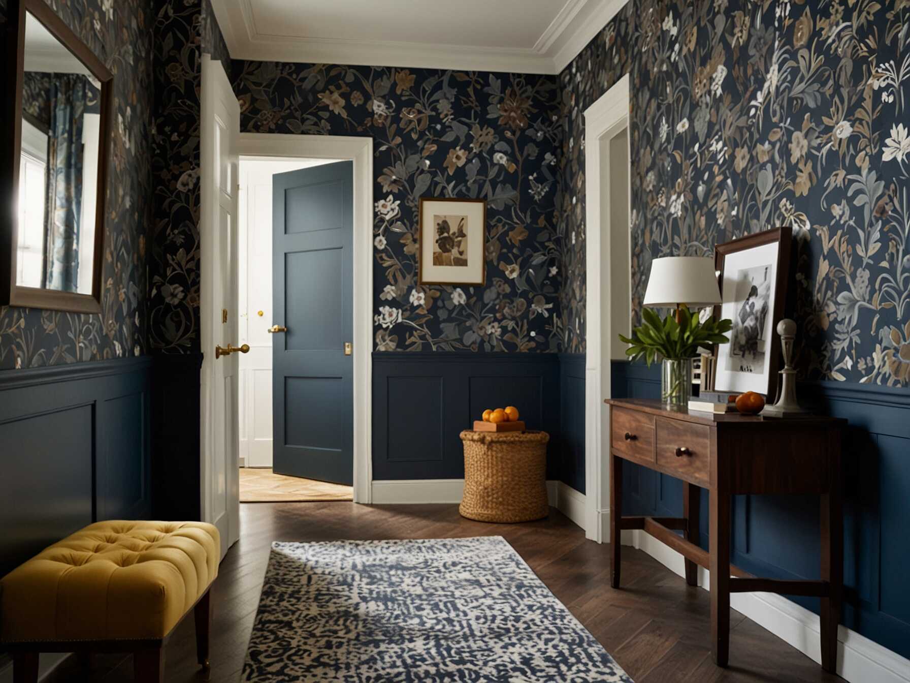 Use bold wallpaper to make a statement in your hallway. Choose patterns or colors that reflect your personality. Wallpaper is an easy way to add texture and interest without taking up any space.  