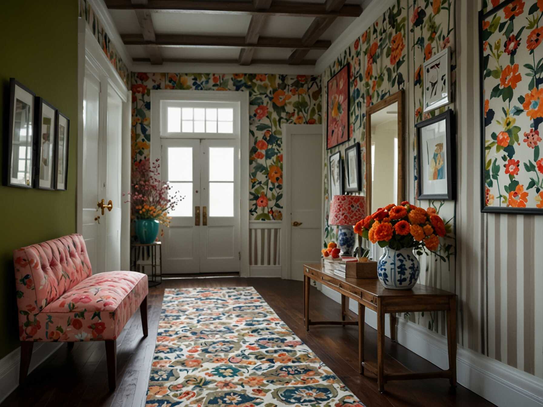 Don’t be afraid to mix and match patterns in your hallway. Stripes, florals, and geometrics can work well together. Just keep the color palette consistent to avoid overwhelming the space.  