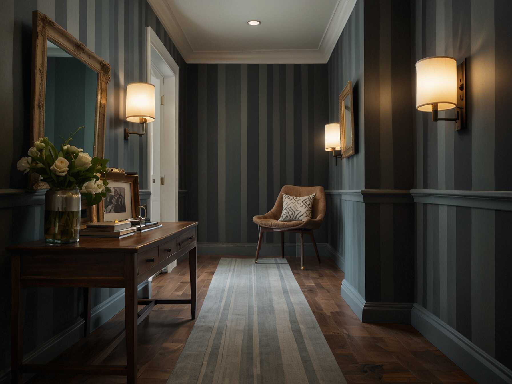 Horizontal or vertical stripes can alter the perception of space in your hallway. Horizontal stripes can make it feel wider, while vertical stripes can make it feel taller. Choose subtle colors for an elegant look.  