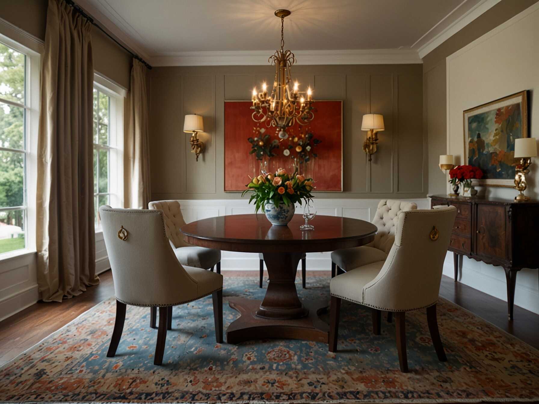 An area rug can define the dining space and add warmth. Choose a rug with colors and patterns that complement your furniture. Make sure it’s big enough for the chairs to sit on when pulled out.  