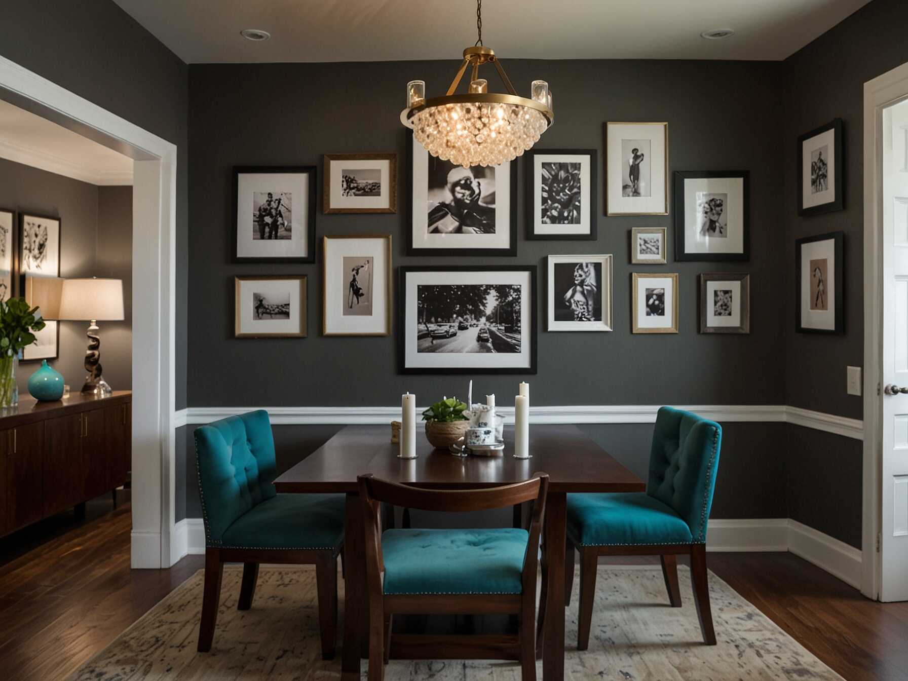 Create a mini art gallery on one of your Dining Room walls. Mix various art prints, photos, and even mirrors. This adds a personal touch and makes the space feel lived-in and inviting.  