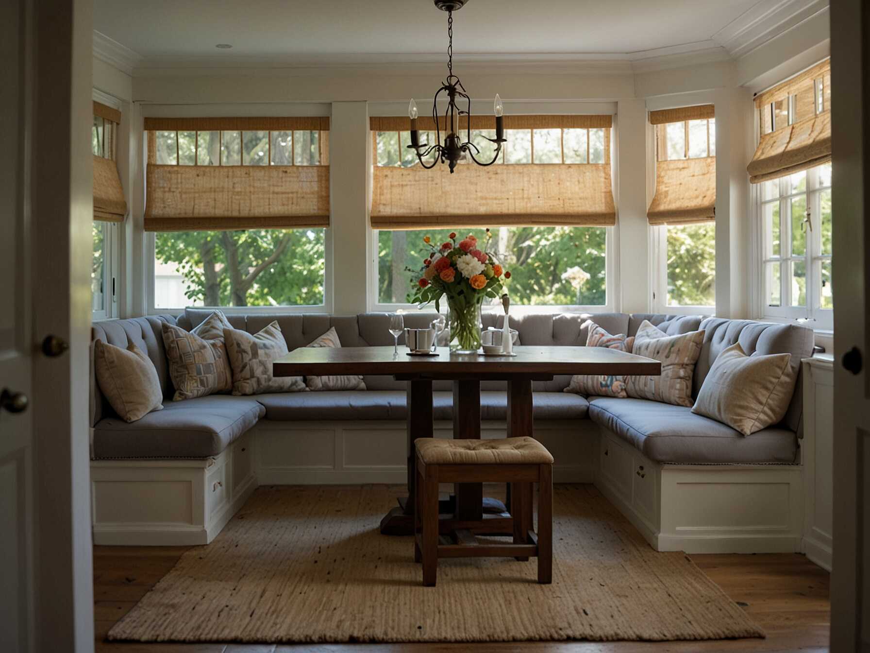 Banquette seating adds extra seating space and can double as storage. Add cushions and pillows for comfort. This works well in both small and large Dining Rooms.  