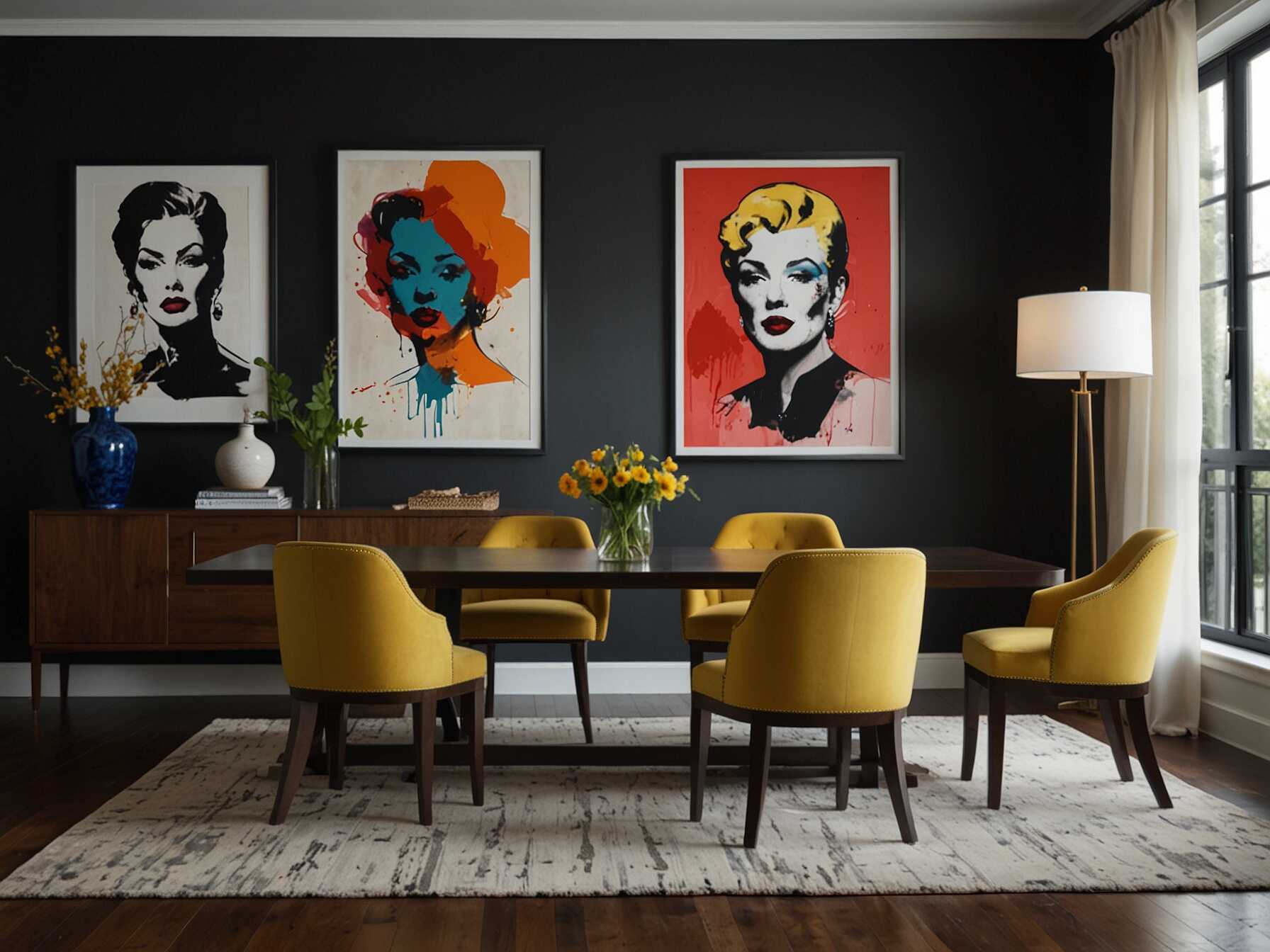 Hang bold artwork to make a statement in your Dining Room. Large pieces can serve as focal points. Choose pieces that reflect your personal style and taste.  