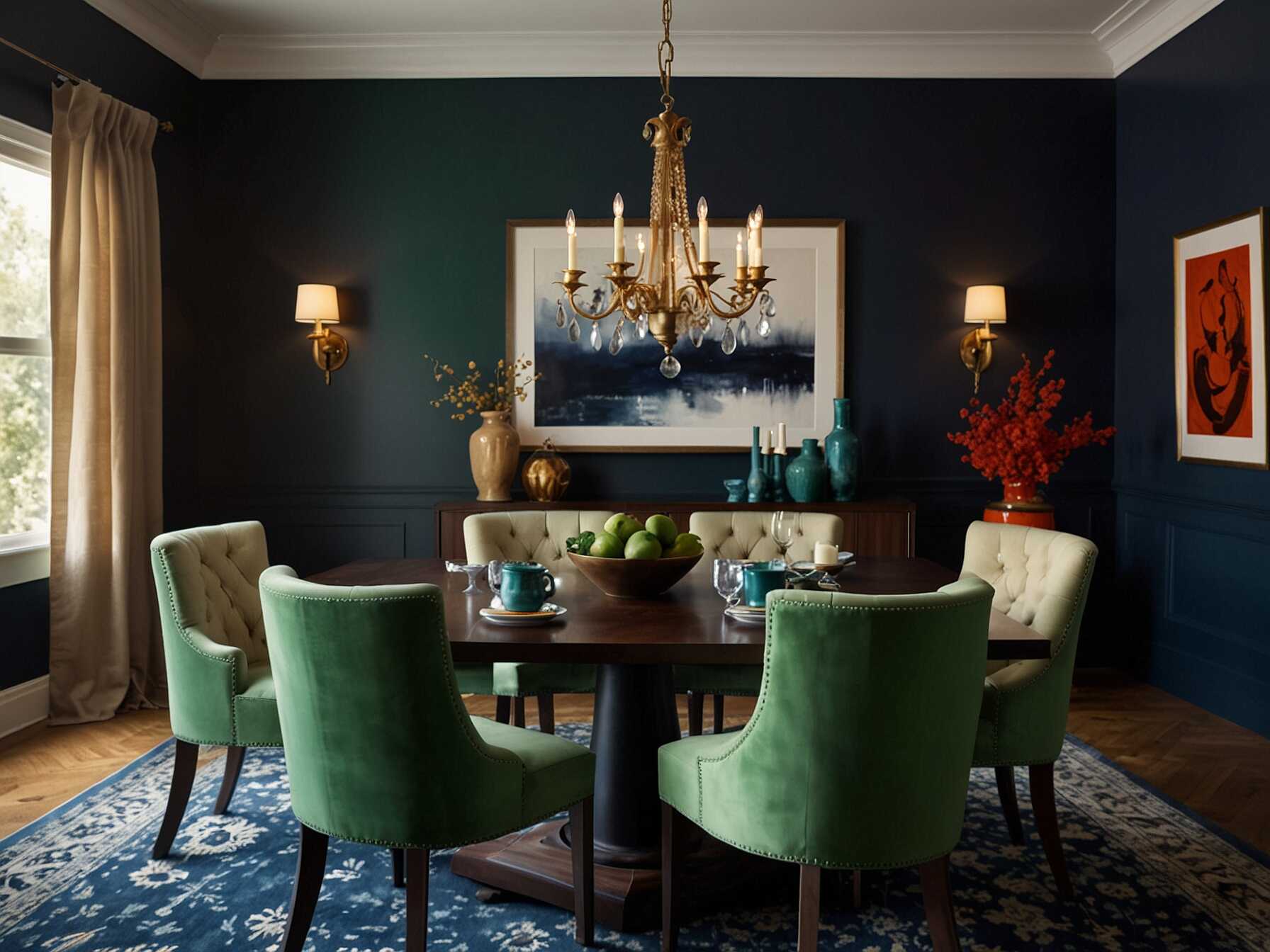 Dont be afraid to use bold colors on your dining room walls. Rich shades like navy, emerald green, or deep burgundy can create a dramatic effect. These colors can make the Dining Room feel cozy and intimate.  