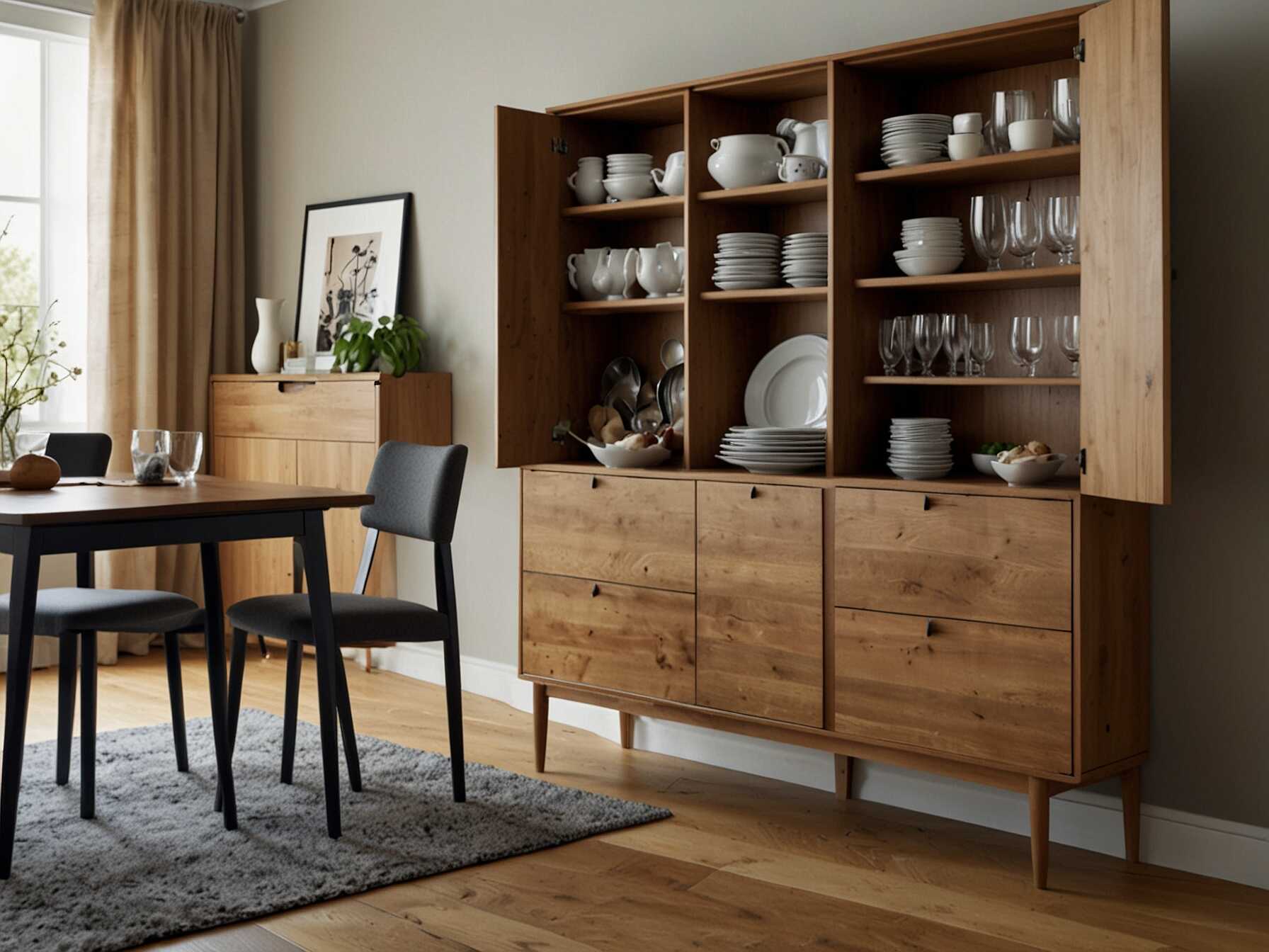 Add built-in storage like cabinets or a sideboard for a sleek look. This helps keep the Dining Room organized and clutter-free. Store extra dishes, linens, or even board games.  