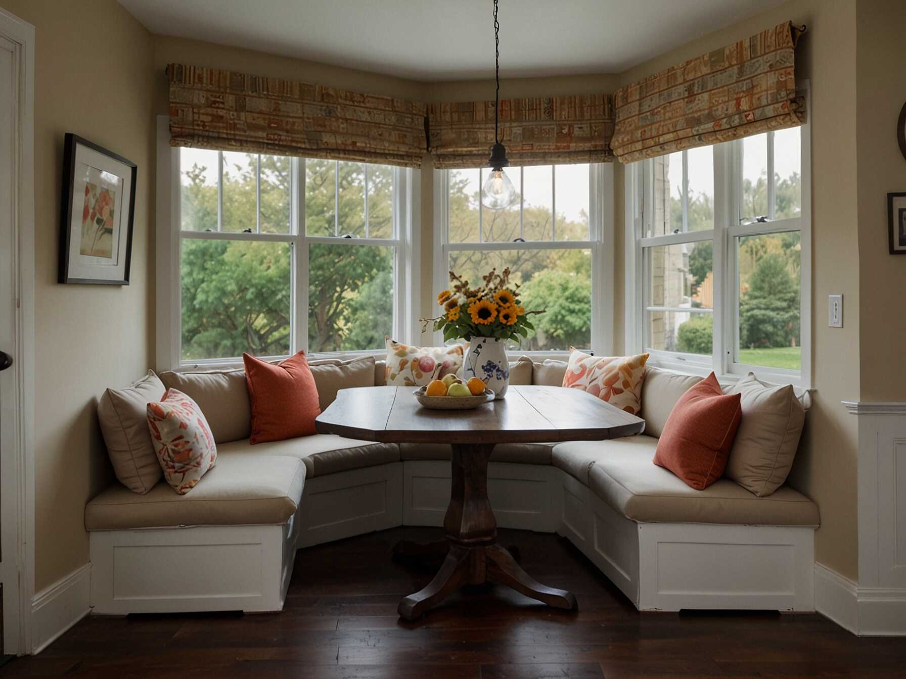 Transform a corner of your Dining Room into a cozy nook. Use a bench seat with cushions and a small table. This is perfect for morning coffee or a quick snack.  