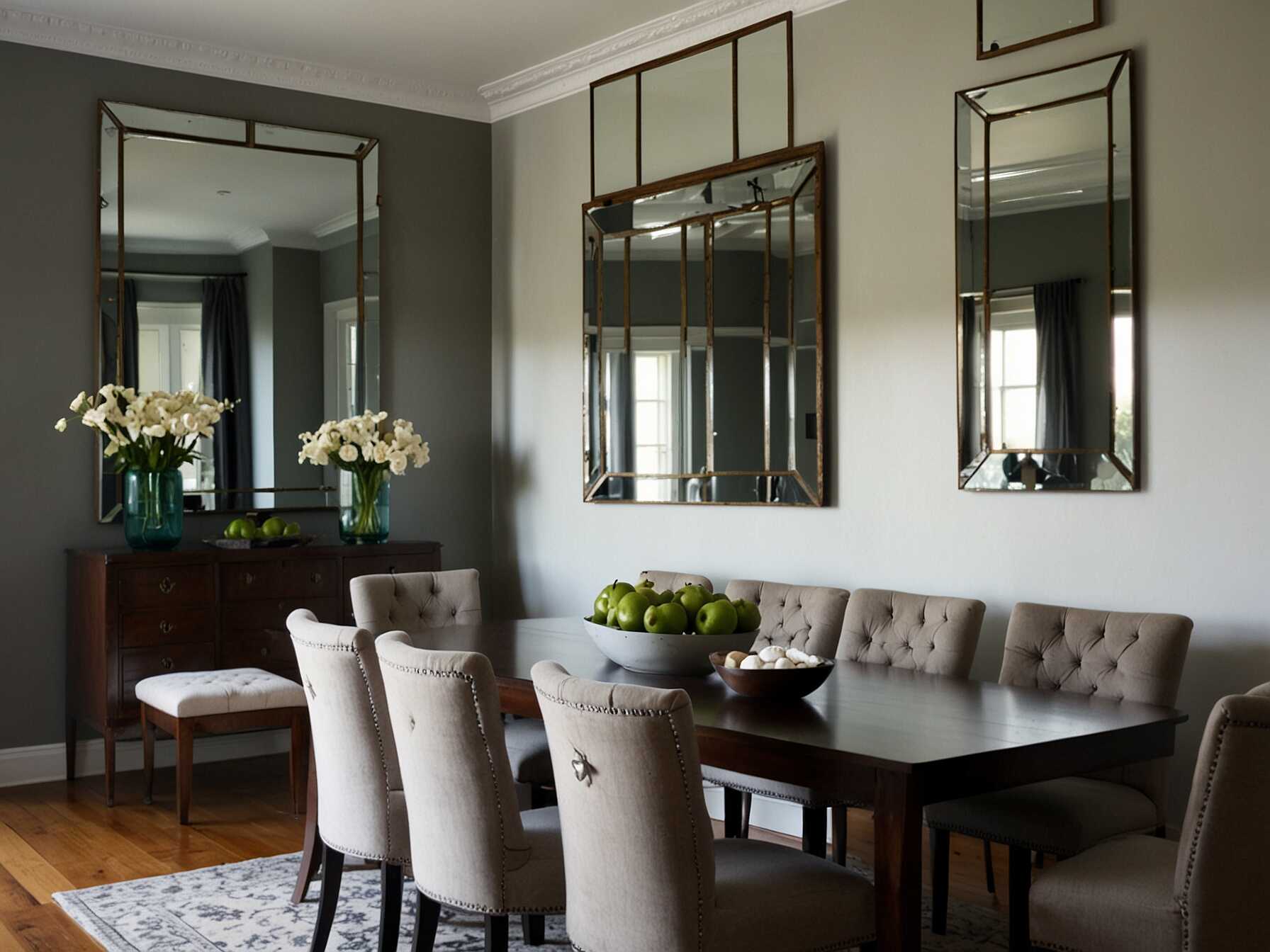 Mirrors can make a Dining Room appear larger and more open. Place a large mirror or a group of smaller ones on a focal wall. Mirrors also reflect light, brightening the space.  