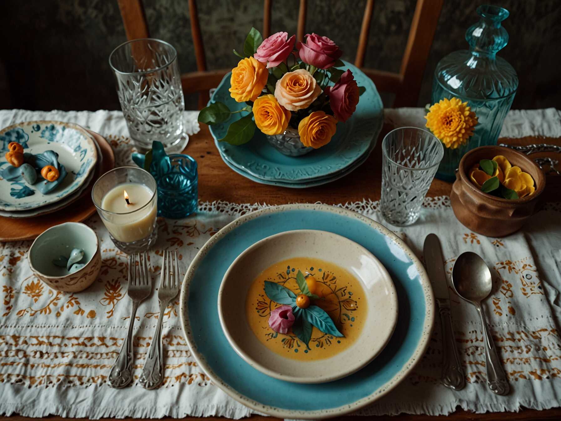 Use mismatched plates, glasses, and silverware for a bohemian look. This adds character and charm to your Dining Room. You can find unique pieces at second-hand stores.  