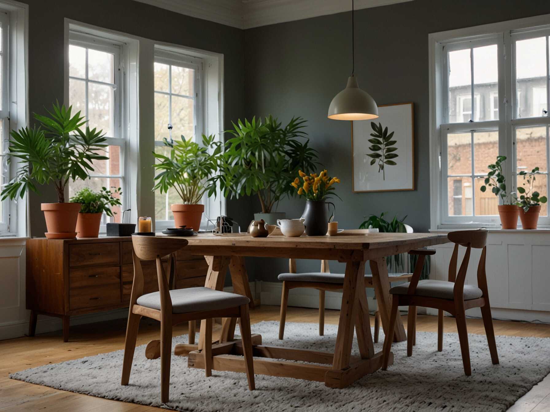 Adding houseplants can bring life and freshness to your Dining Room. You can place potted plants on the dining table or in empty corners. Plants also improve air quality, making your room healthier.  