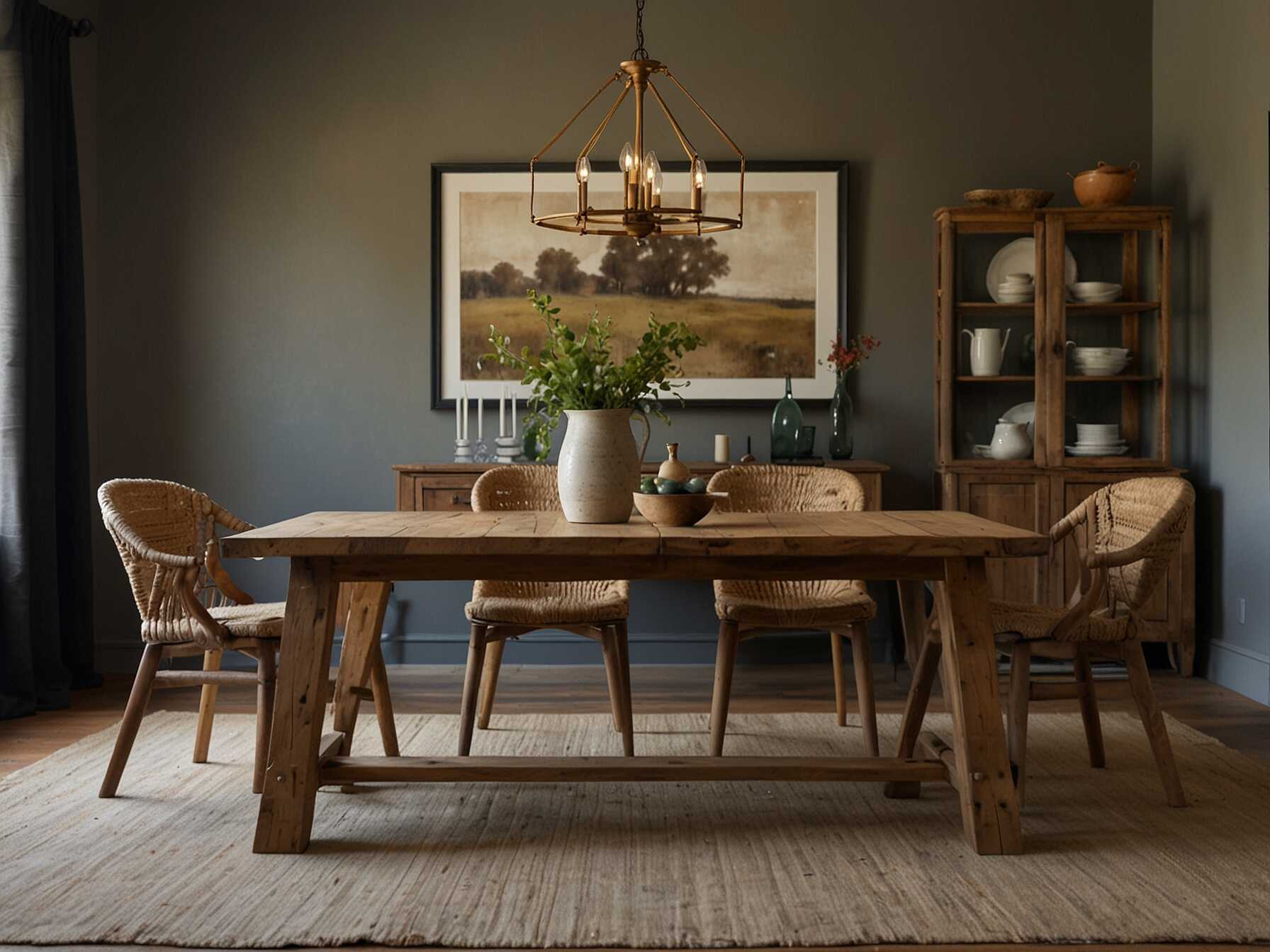 A rustic wooden dining table gives a warm, homey feel to your Dining Room. It suits various styles like farmhouse or shabby chic. Pair it with simple chairs and natural elements like a jute rug for a cohesive look.  