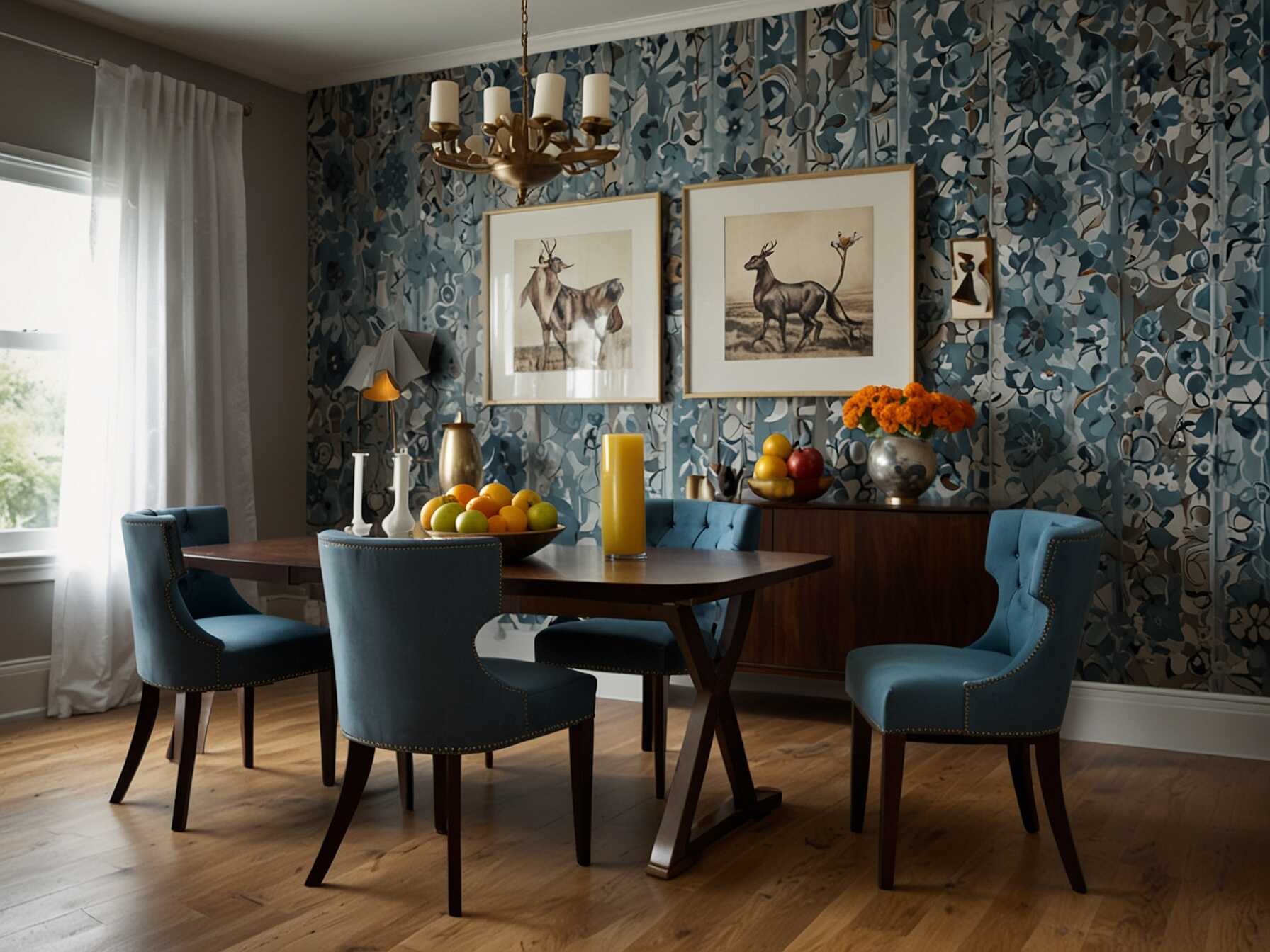 Use wallpaper with bold patterns or colors to create an accent wall. This can make your Dining Room look more dynamic and interesting. Choose patterns that reflect your personal style.  