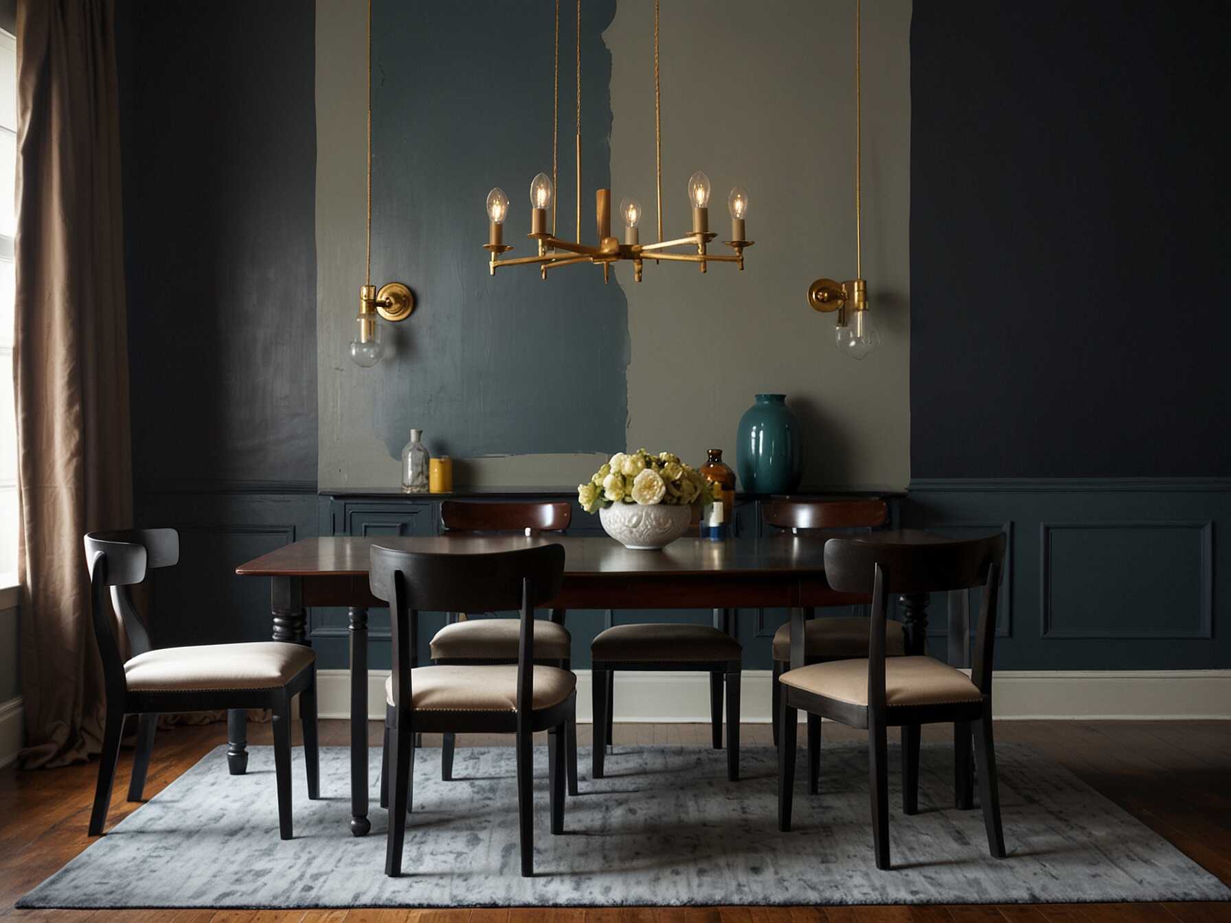 Paint your Dining Room walls in two tones for a stylish effect. You can go for a darker color on the bottom and a lighter one on top. This technique adds depth and interest to the room.  