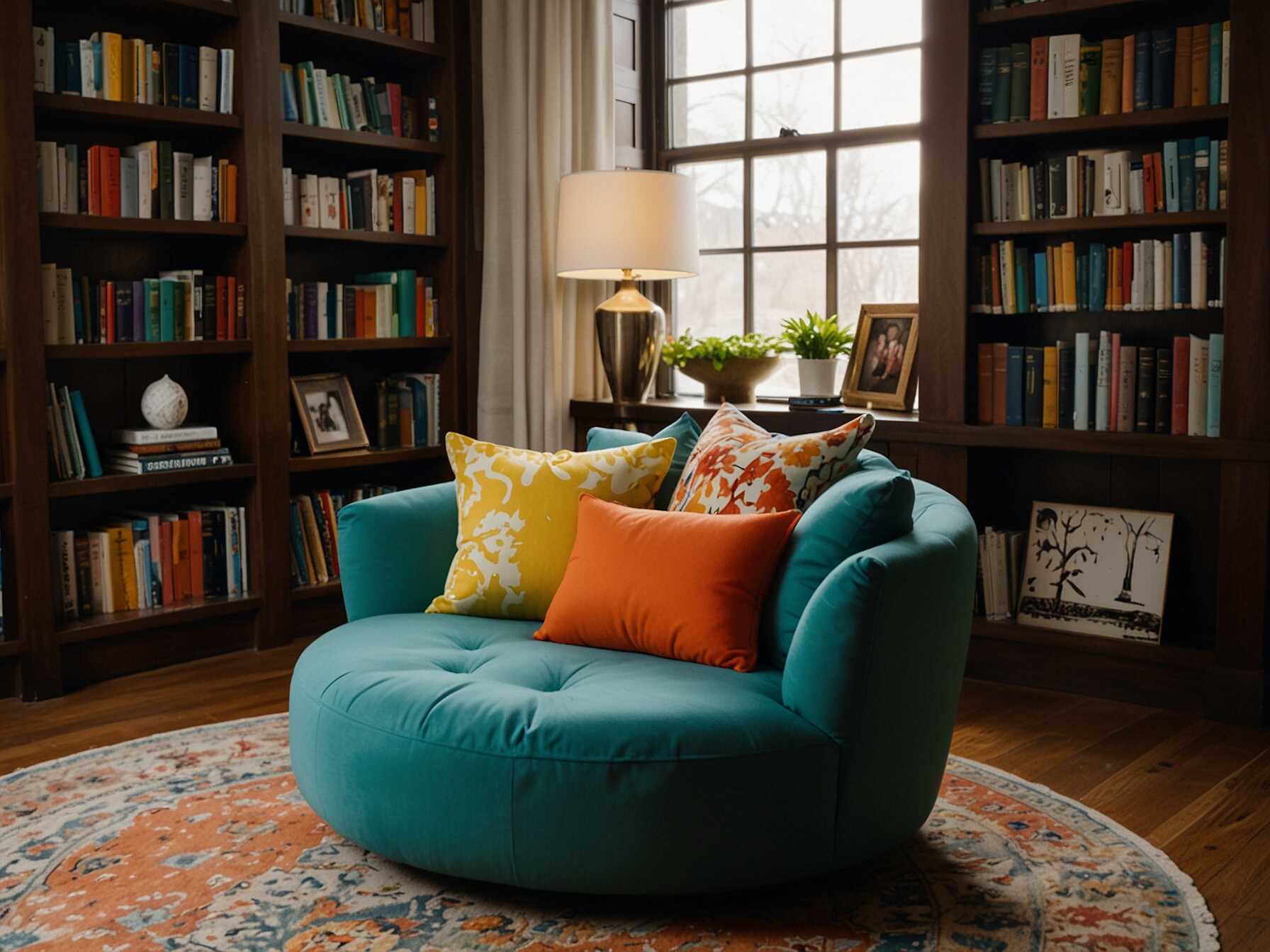 Add bright accent pillows to your seating area. They can make your library look colorful and inviting. Plus, they are comfortable for lounging.  