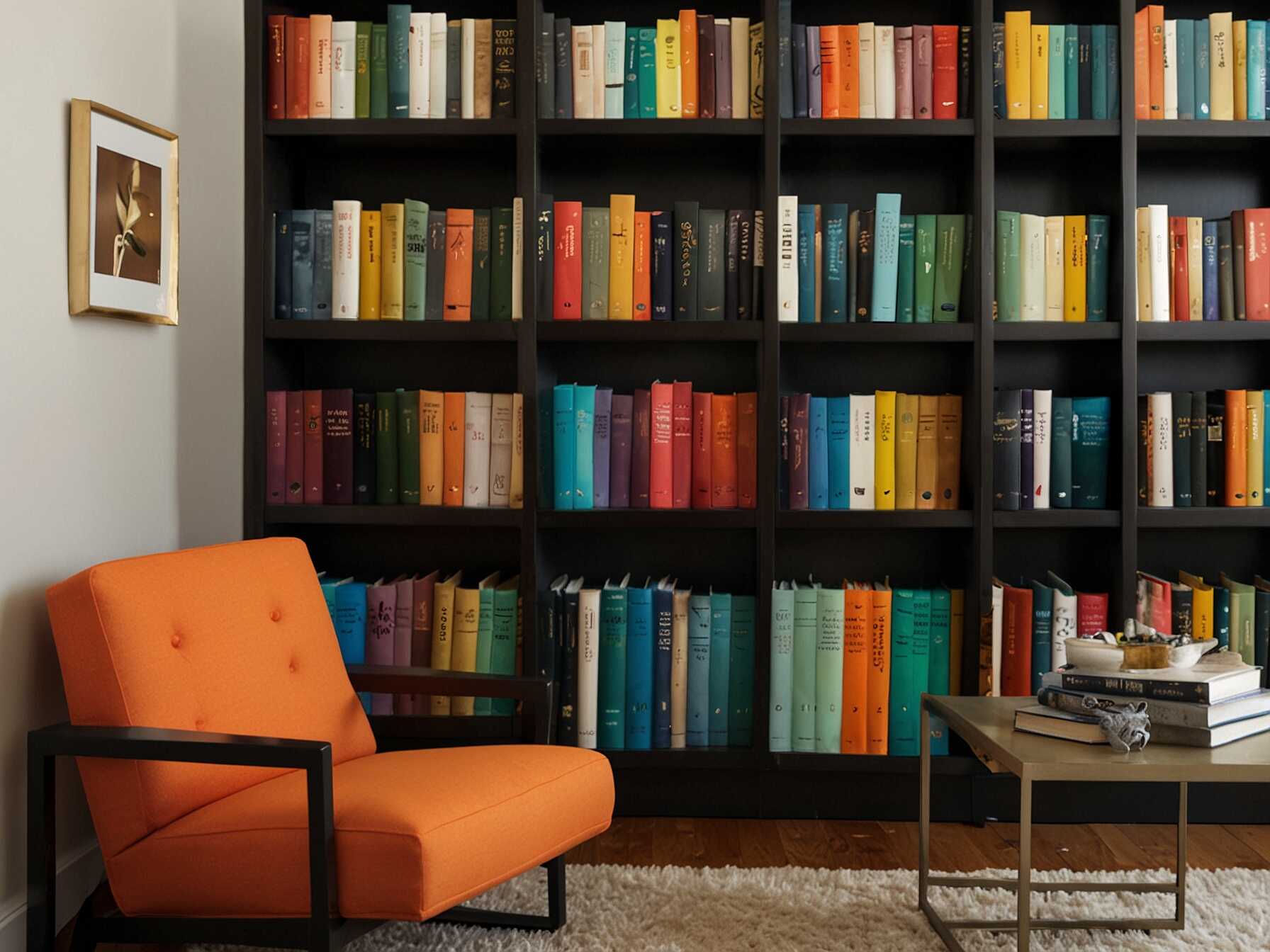 Organize your books by color. This can create a visually pleasing effect on your bookshelves. It also makes it easier to find your favorite books.  