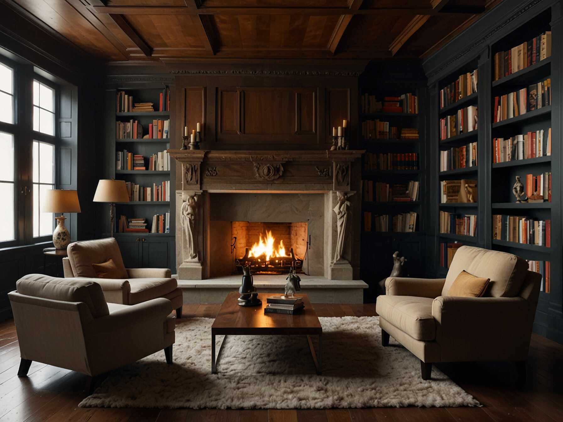 If possible, add a fireplace in your library. It creates a cozy atmosphere, perfect for reading. Arrange some chairs and a coffee table around it.  