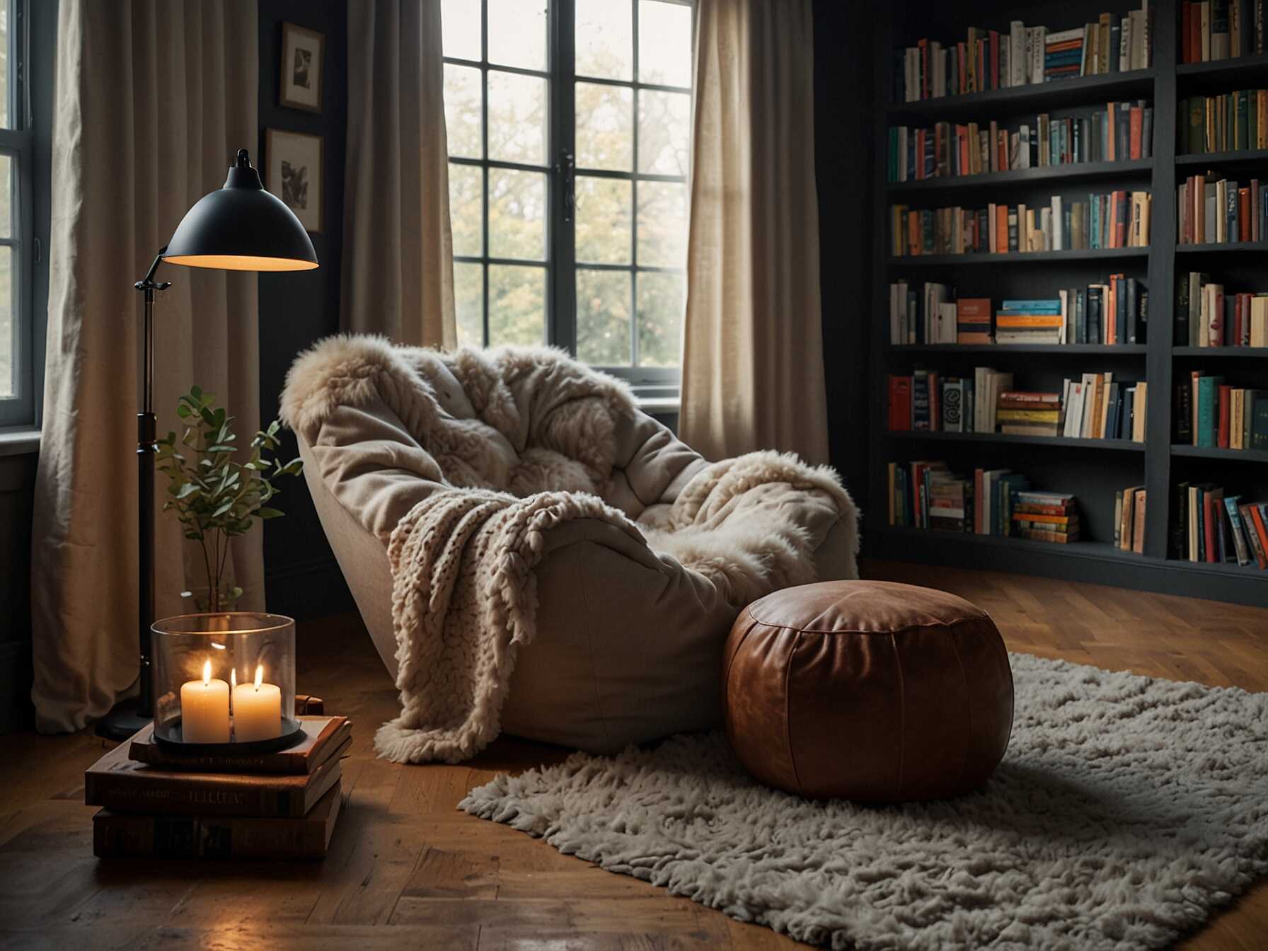 Create a cozy reading nook in your library with a big, comfy chair or a bean bag. Add some cushions and a soft blanket to make it the perfect spot to relax with a good book.  