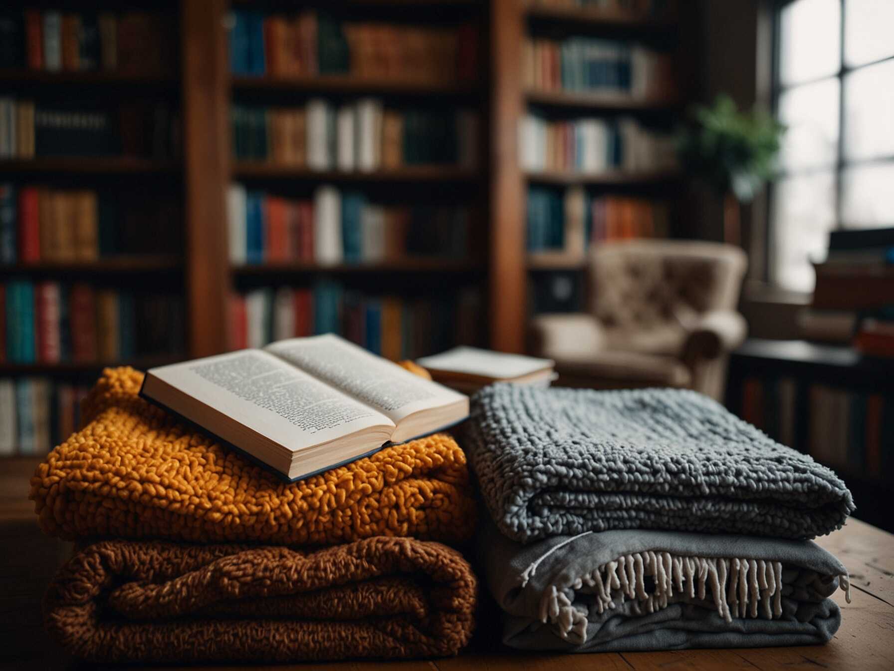 Add some cozy throw blankets to your library. They make the space feel warm and inviting. Perfect for snuggling up with a book on a cold day.  