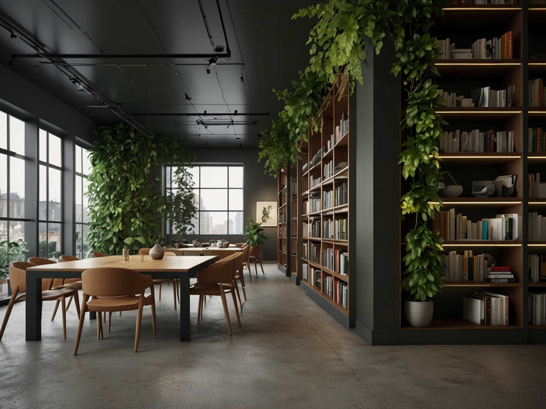 Add some green plants to your library. Plants can make your space look fresh and lively. They also improve air quality.  