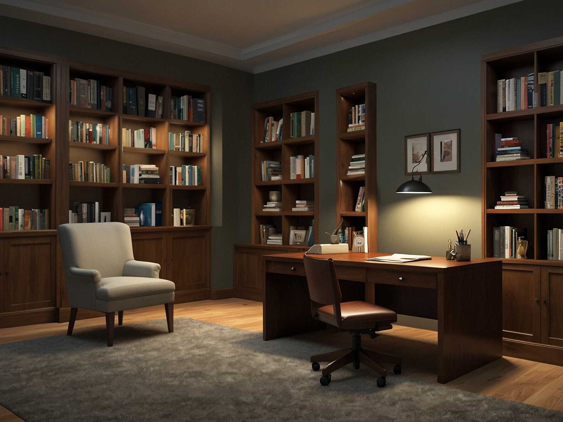 Create a quiet study area in your library. Use a large desk, comfortable chair, and good lighting. This is perfect for homework or work tasks.  